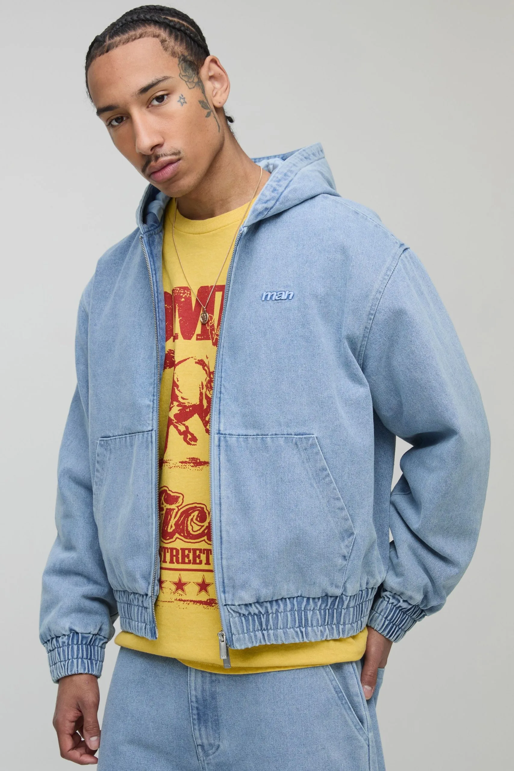 Boxy Fit Padded Denim Hooded Bomber Jacket
