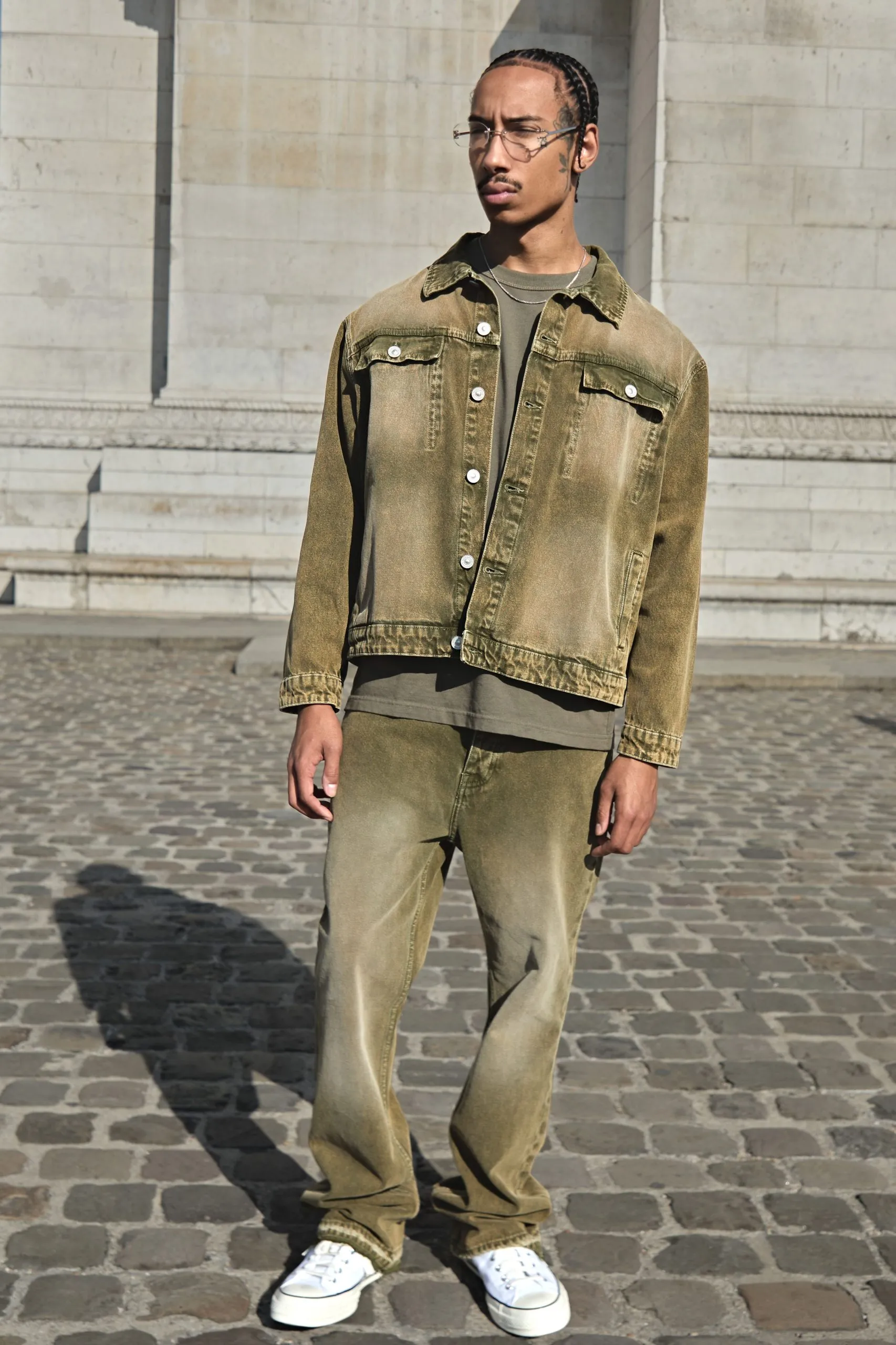 Slim Flared Green Tinted Let Down Hem Jeans