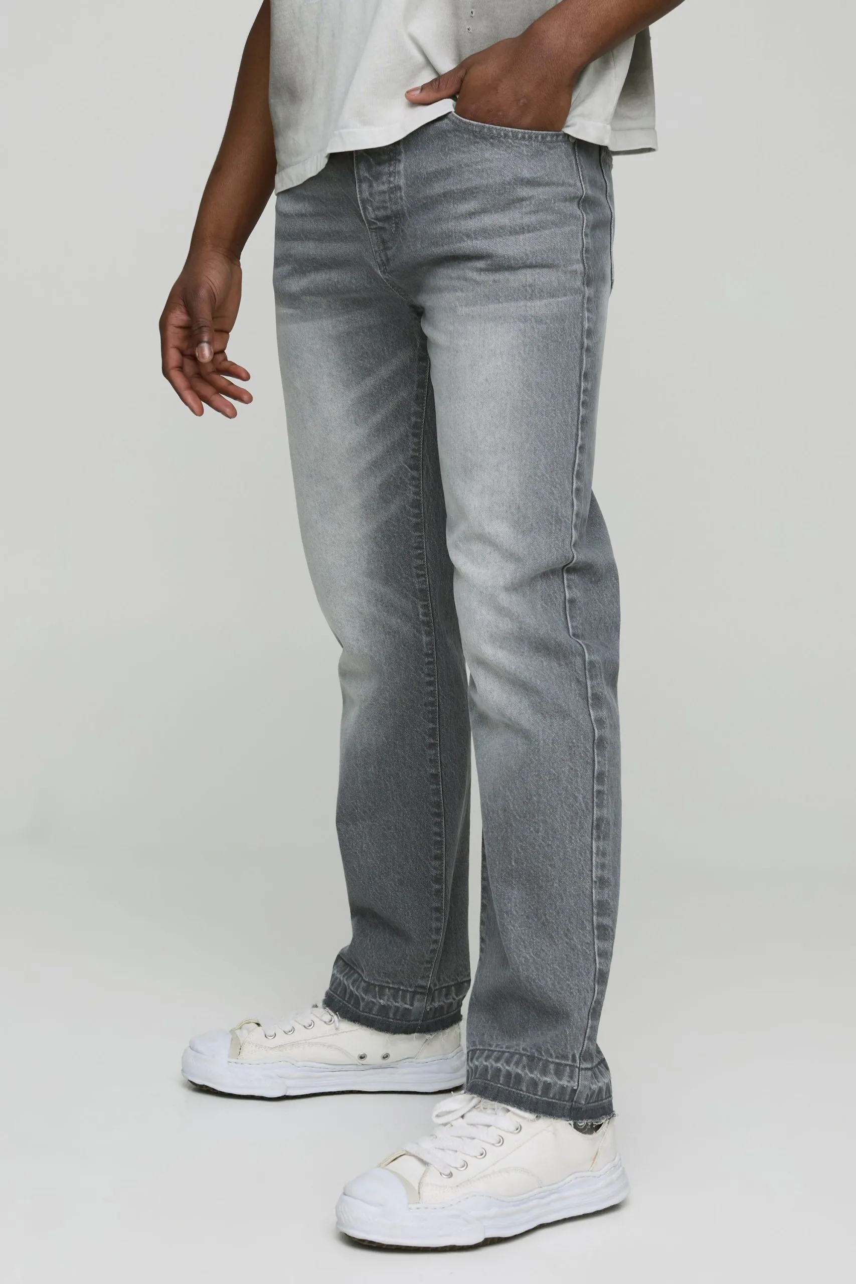 Straight Fit Grey Washed Let Down Hem Jeans