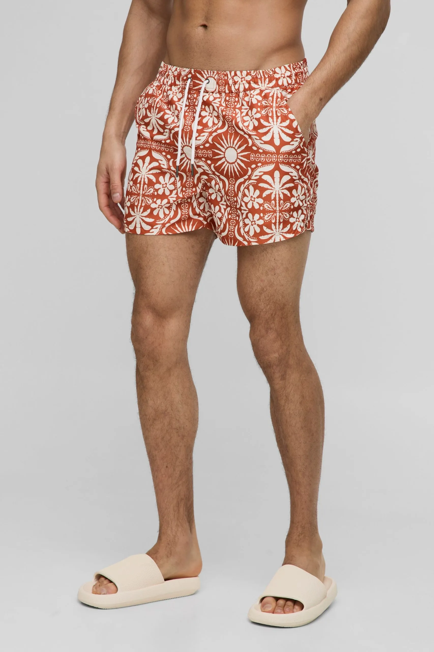 Short Length Abstract Print Swim Shorts