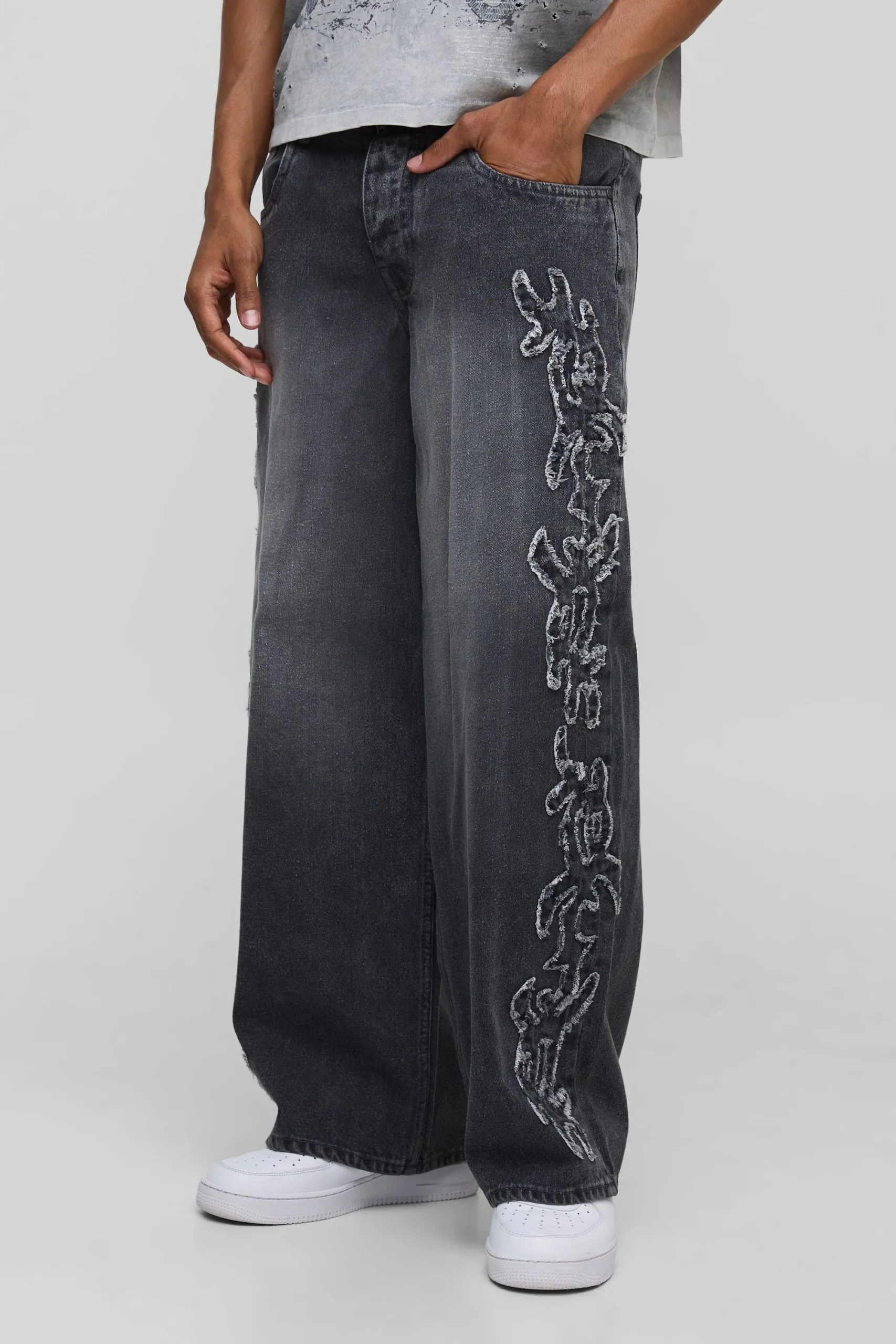 Baggy Fit Tribal Distressed Applique Washed Jeans
