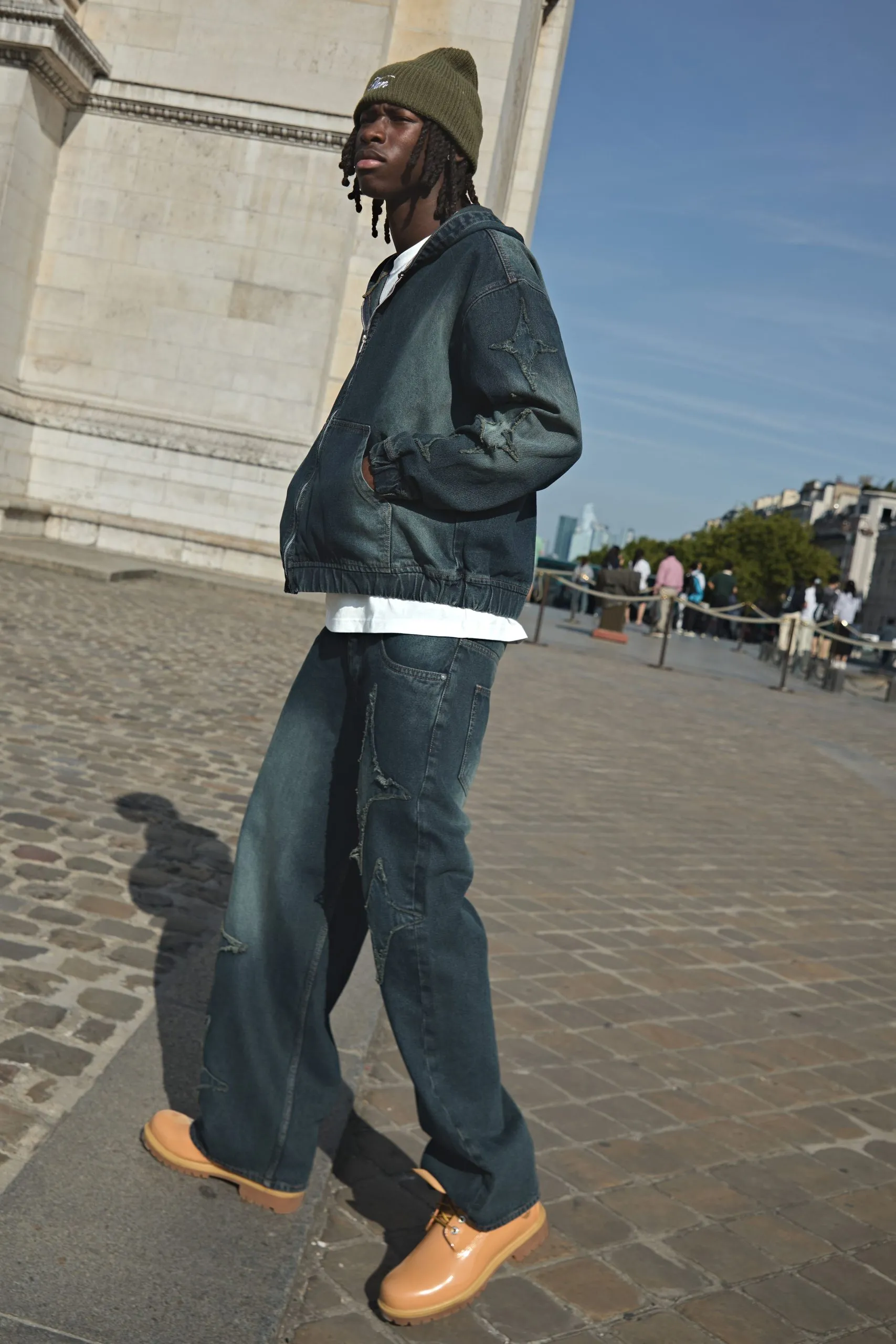 Oversized Boxy Star Applique Washed Denim Hoodie