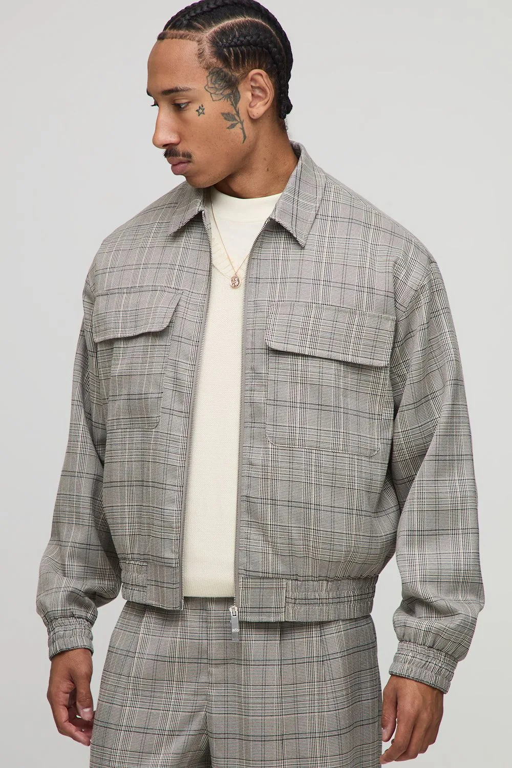 Checked Oversized Boxy Cargo Pocket Harrington Jacket