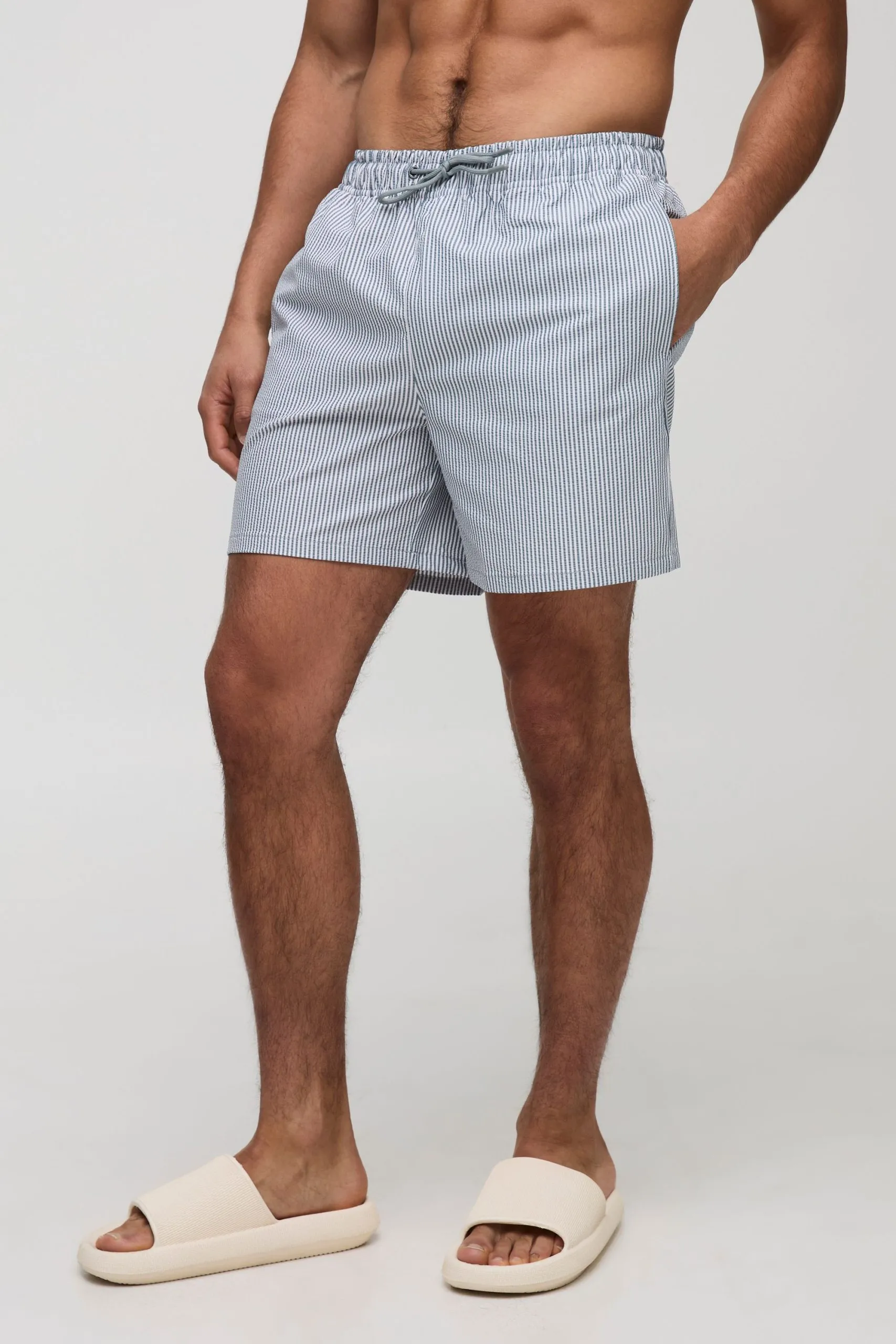 Regular Fit Mid Length Seersucker Stripe Swims