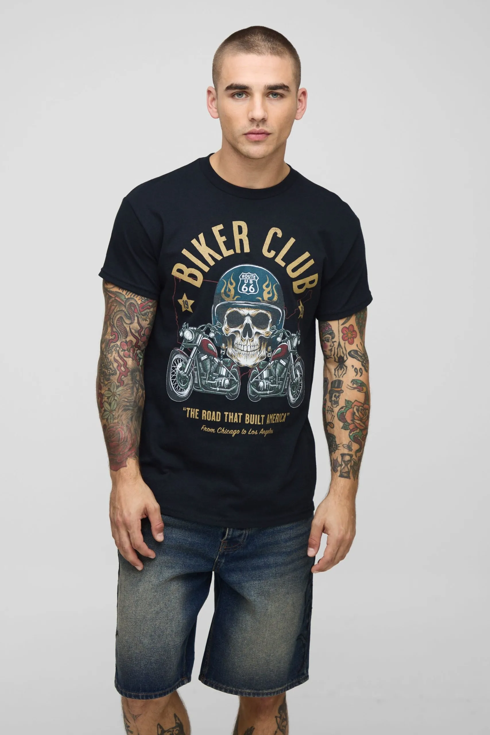 Black Regular Fit Route 66 Biker Club License Printed T-Shirt
