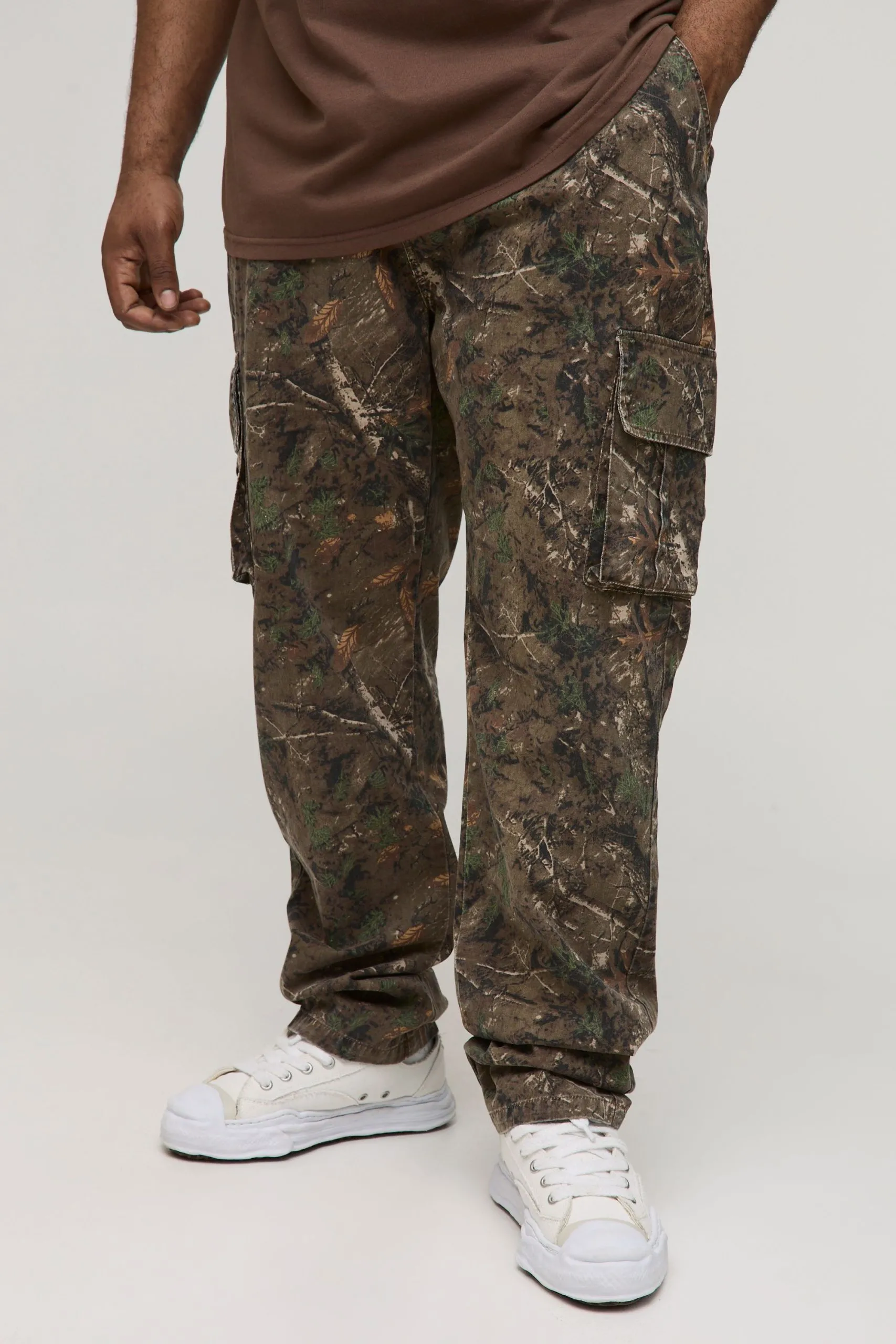 Plus Forest Washed Camo Slim Stacked Multi Cargo Trouser