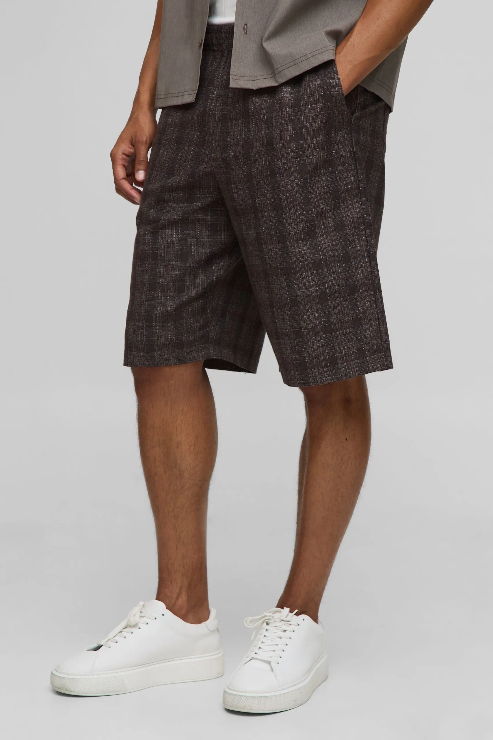 Elasticated Waist Baggy Fit Long Check Shorts