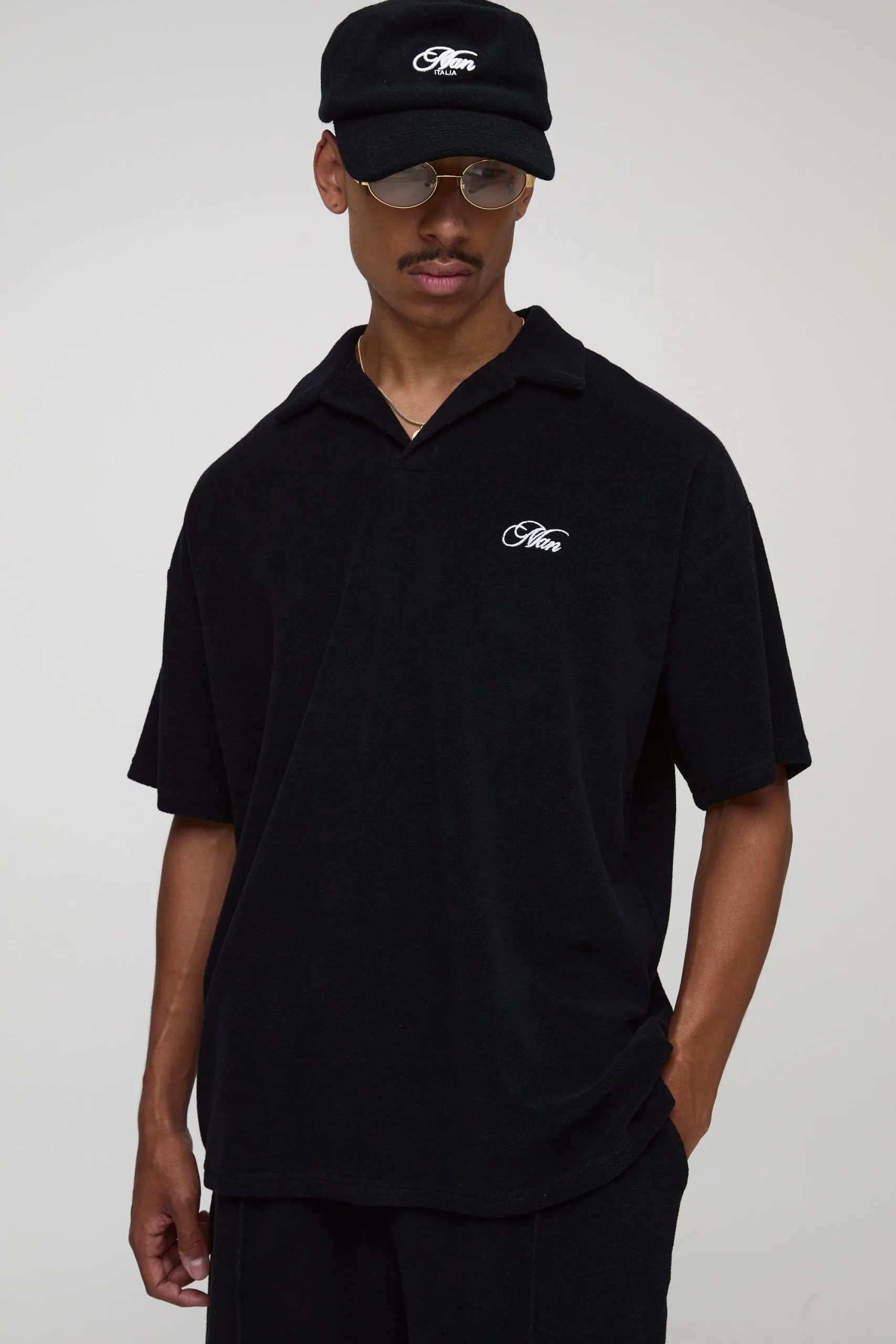 Black Oversized Revere Embroidered Towelling Polo