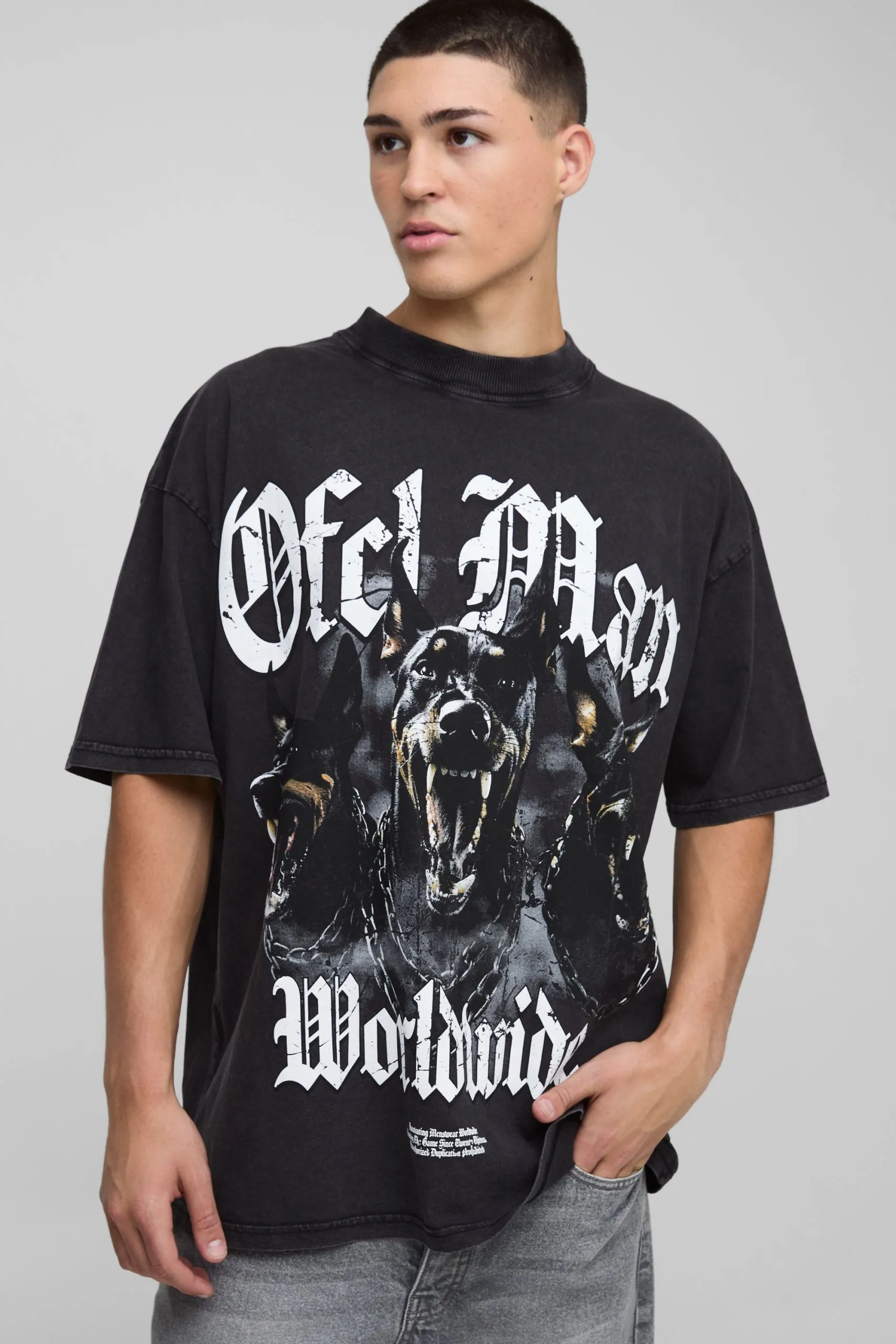 Black Oversized Ofcl Man Canine Washed Graphic T-Shirt