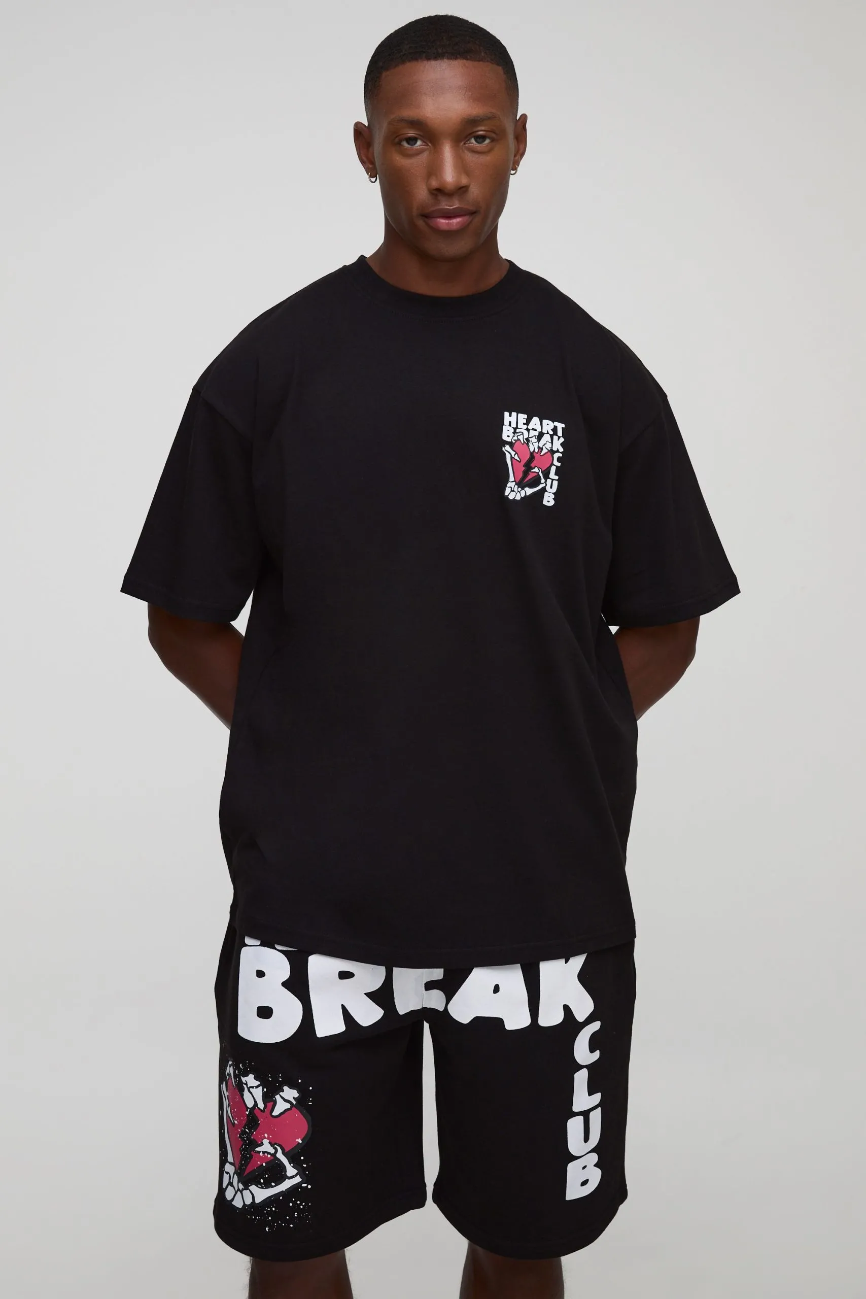 Black Oversized Extended Neck Graphic T-Shirt and Oversized Short Set