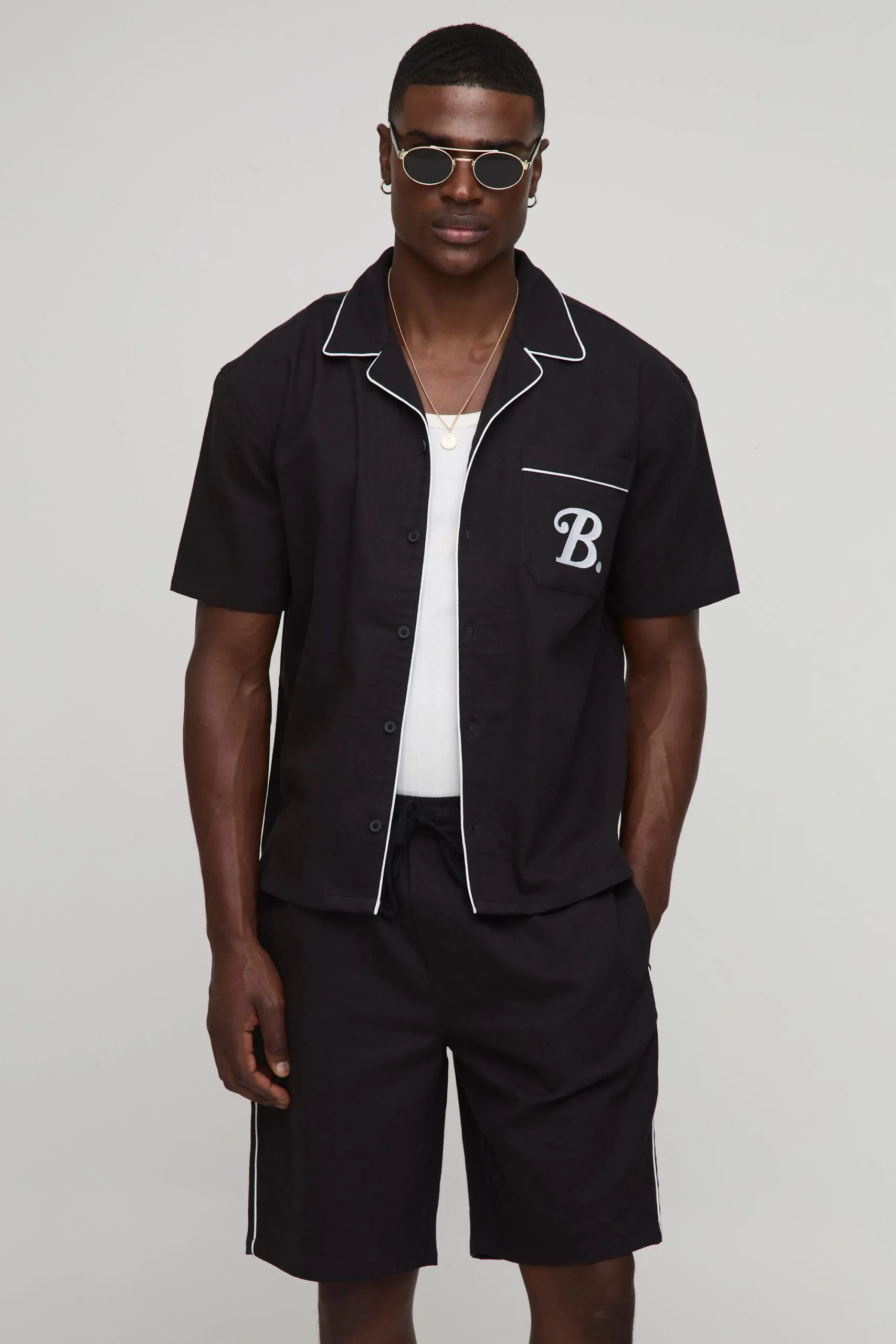 Oversized Pocket Detail Twill Shirt & Short Set