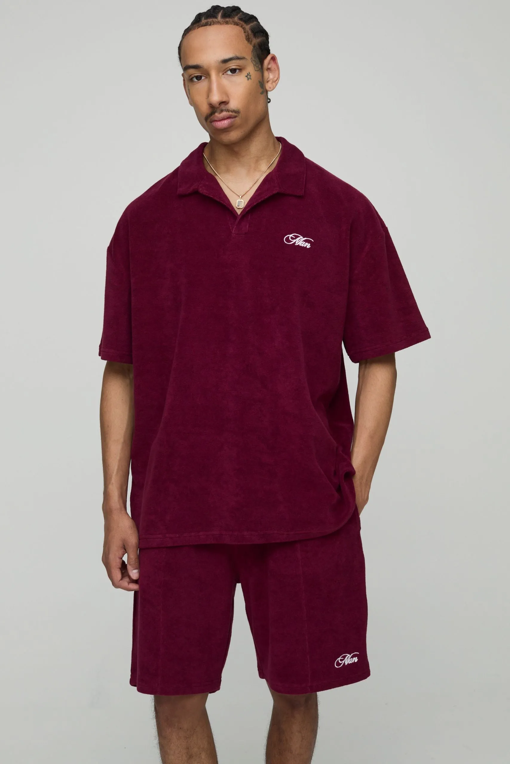 Burgundy Oversized Embroidered Towelling Revere Polo & Short Set