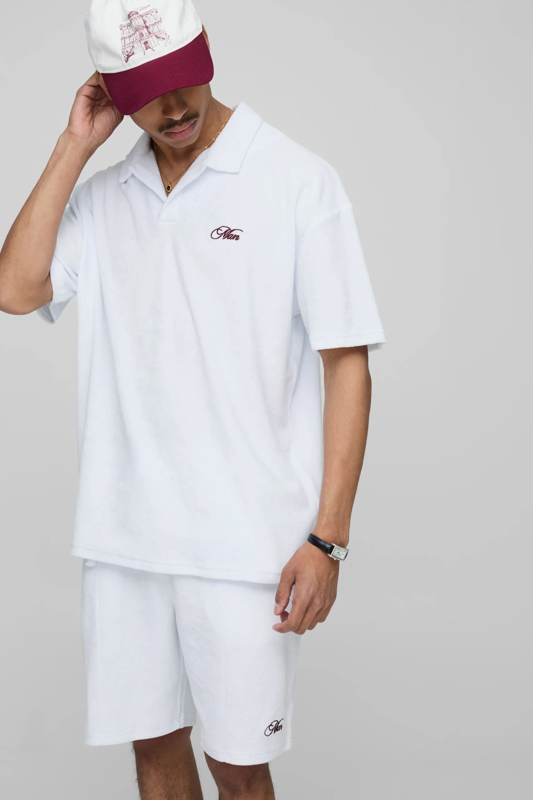 White Oversized Embroidered Towelling Revere Polo & Short Set
