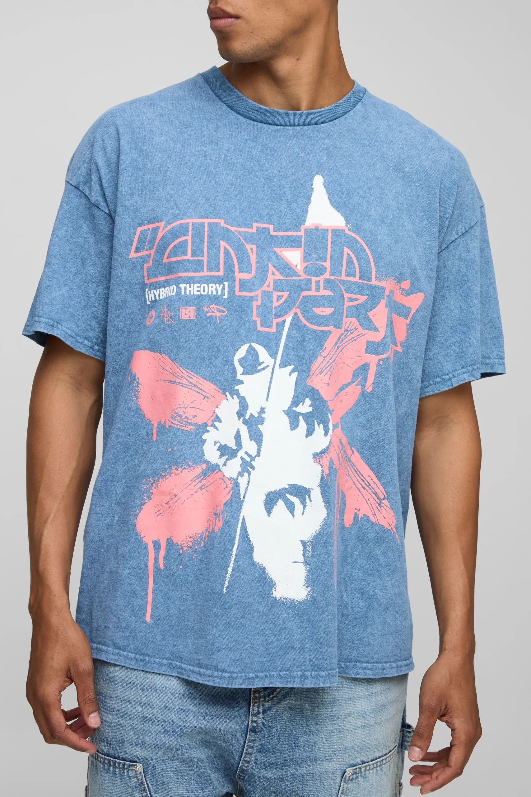 Blue Oversized LinkIn Park Acid Wash License T-Shirt