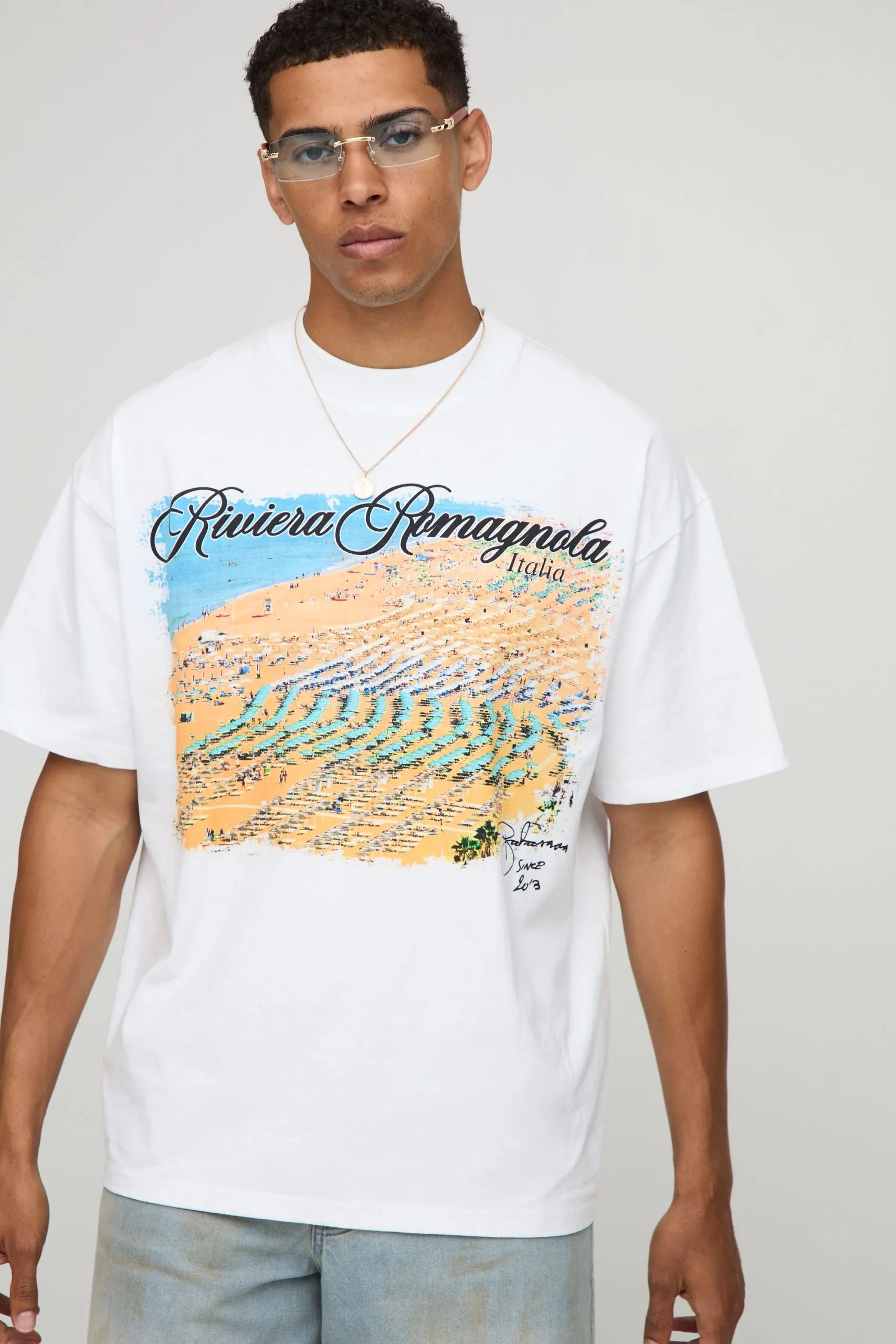 White Oversized Extended Neck Italian Landscape Printed T-Shirt