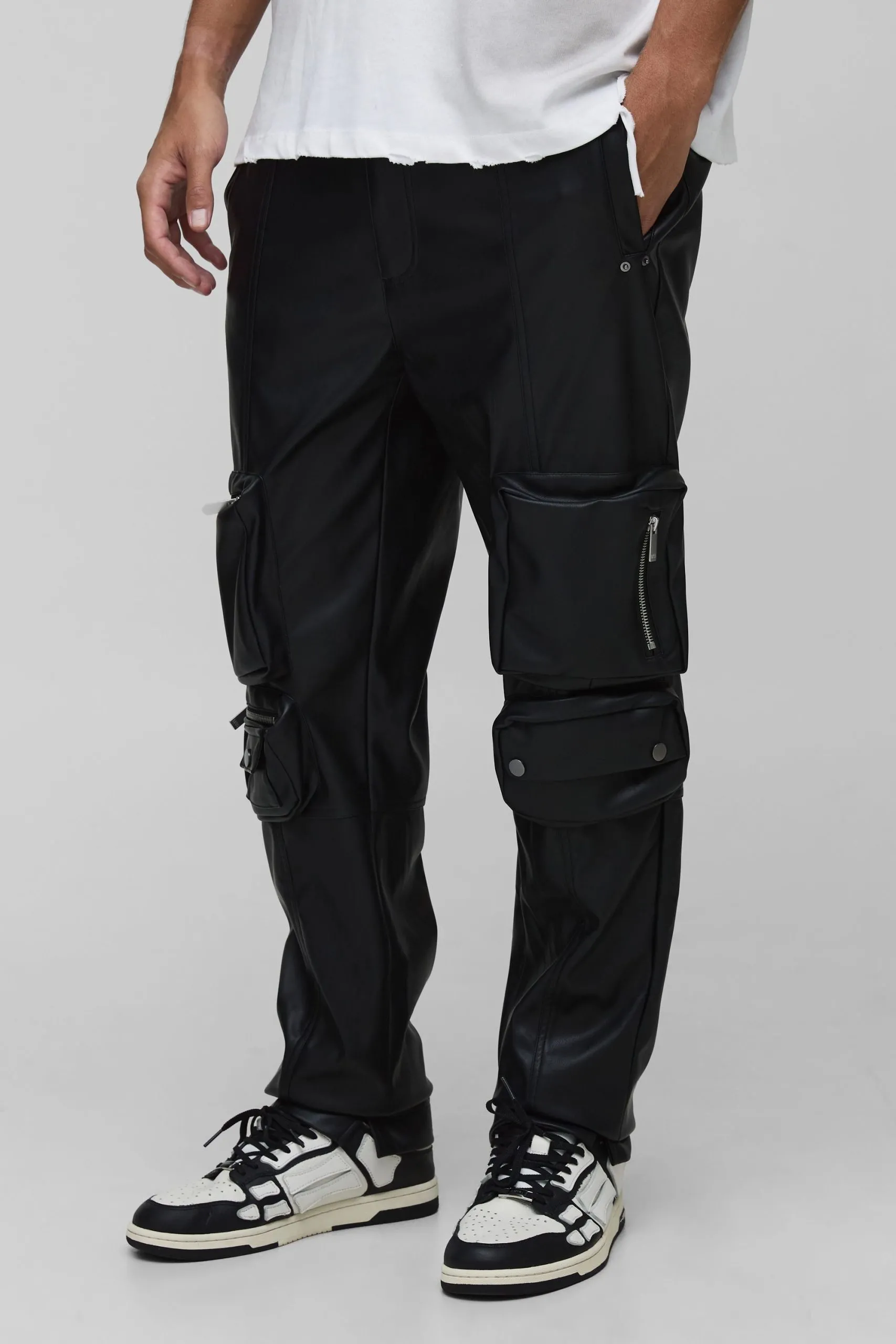 Tall Leather Look Skinny Extreme Cargo Pocket Trousers
