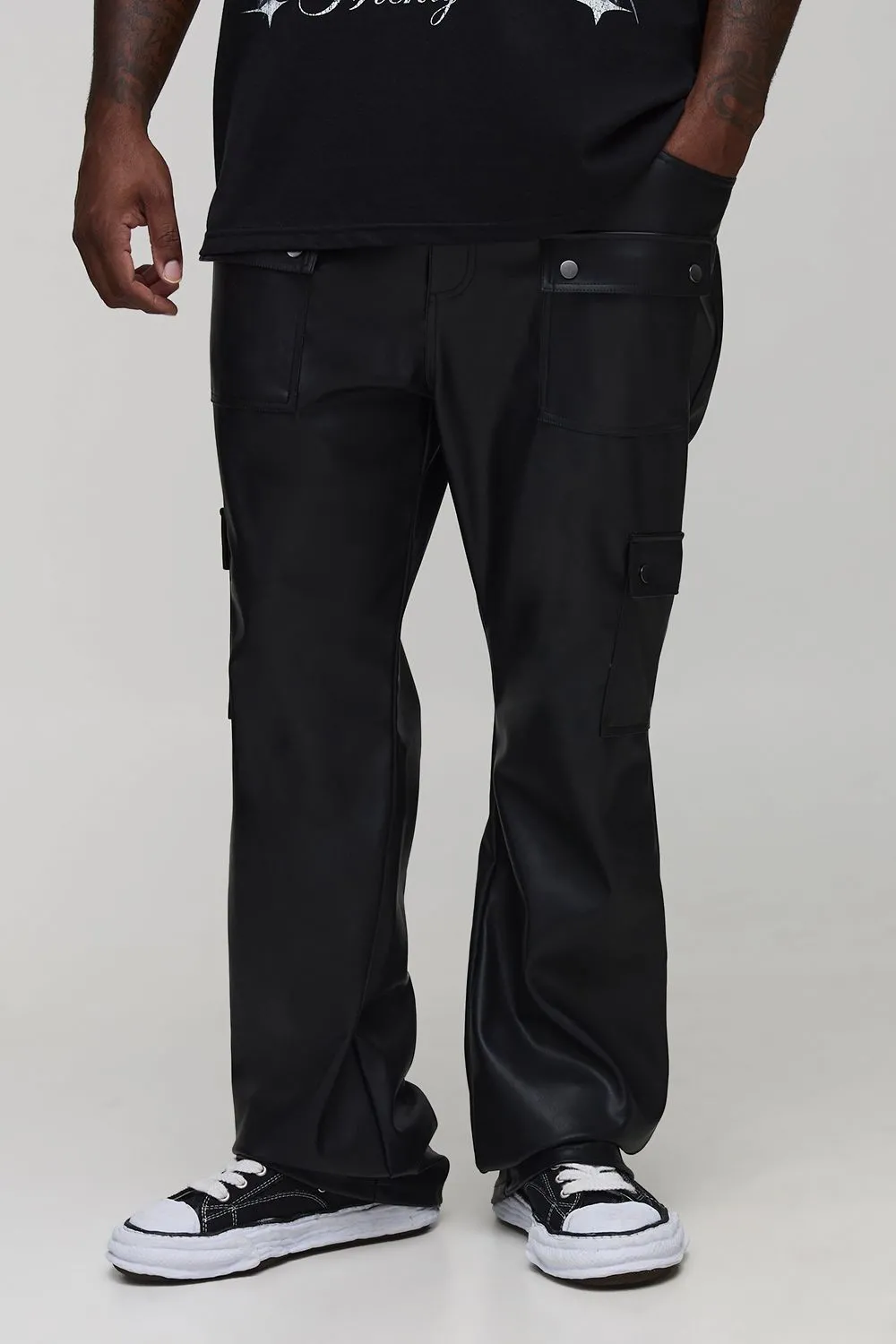 Plus Leather Look Flared Multi Cargo Trousers