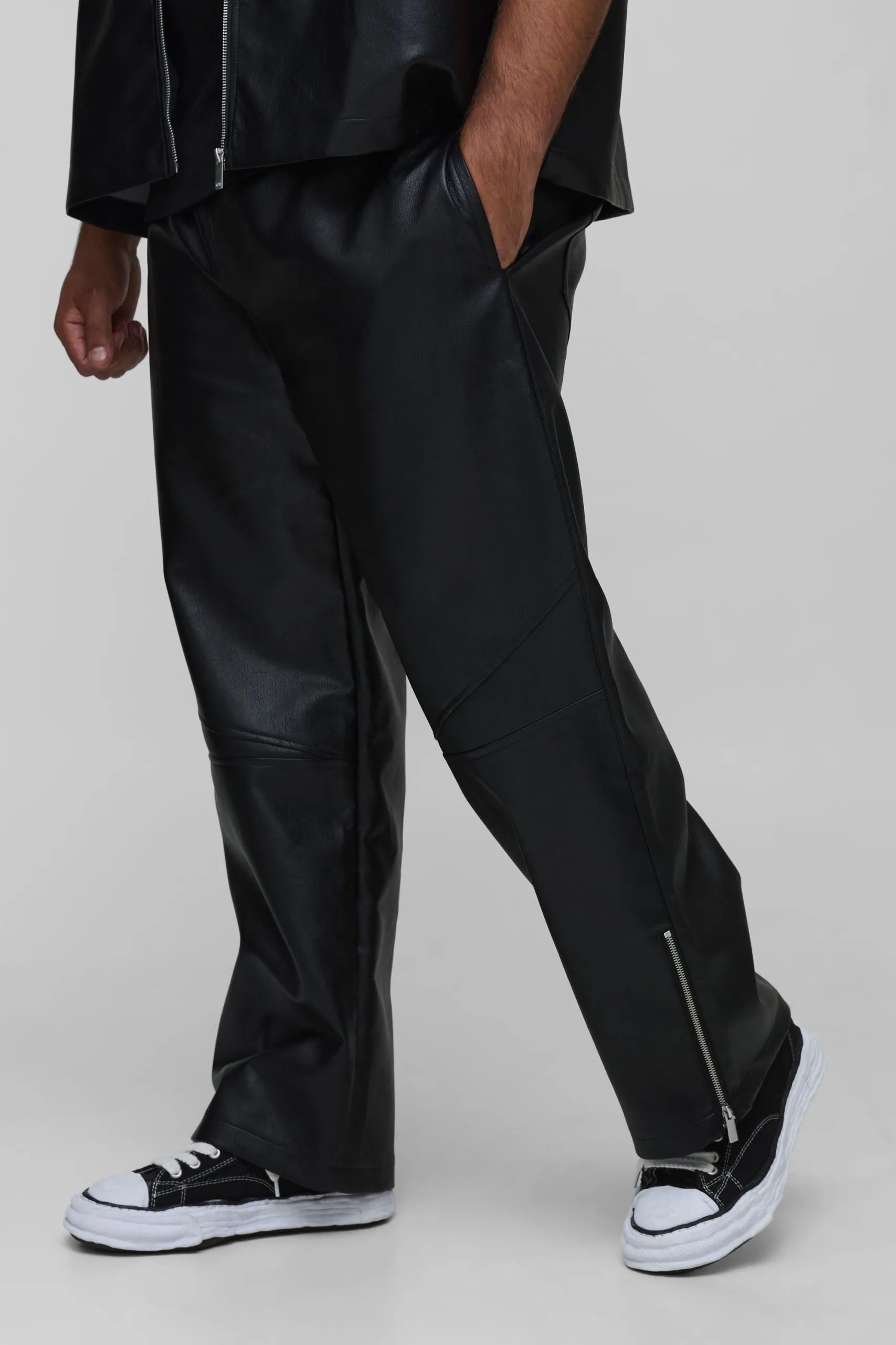 Plus Studded Leather Look Zip Hem Relaxed Fit Trousers