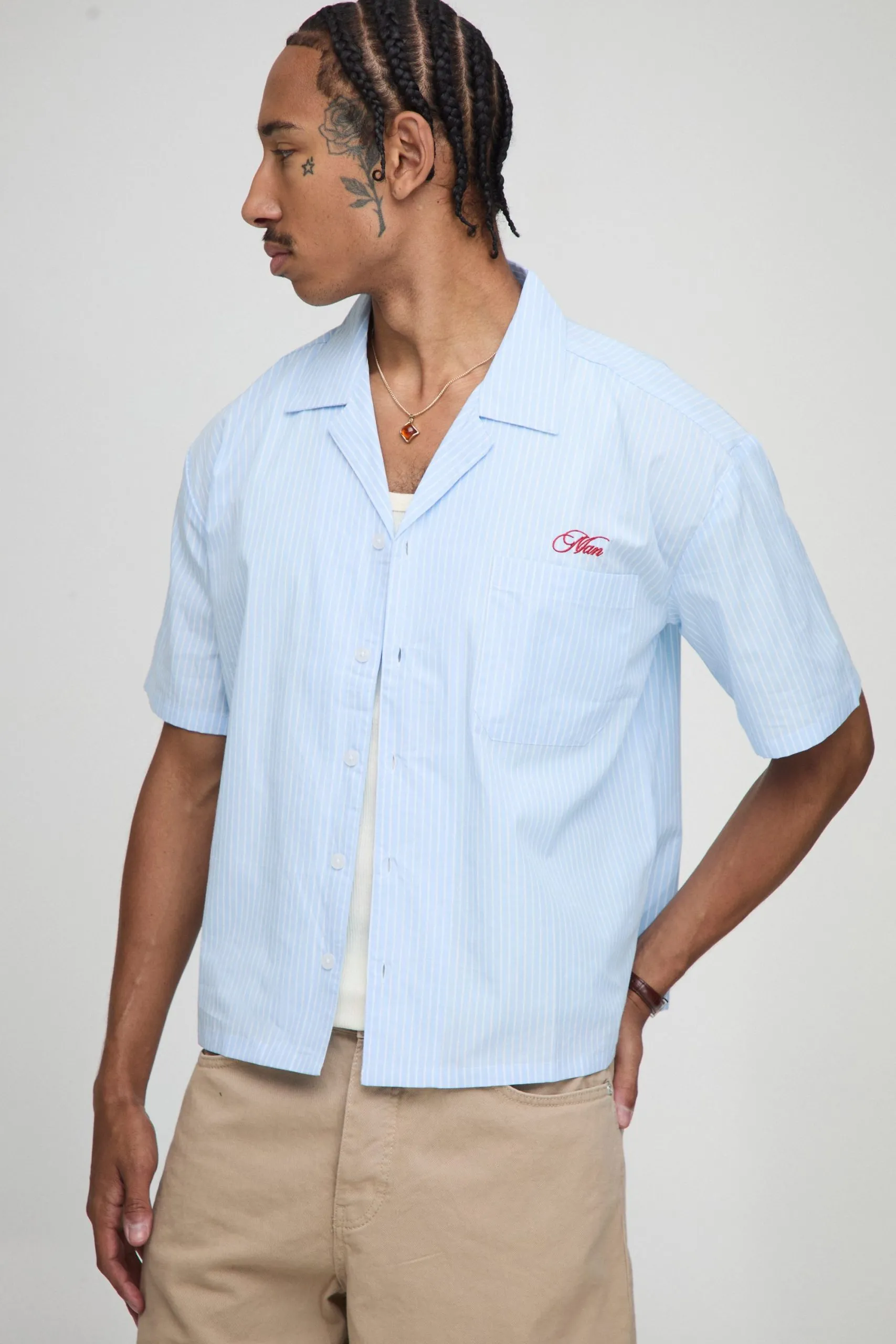 Oversized Boxy Revere Man Embroidered Stripe Shirt