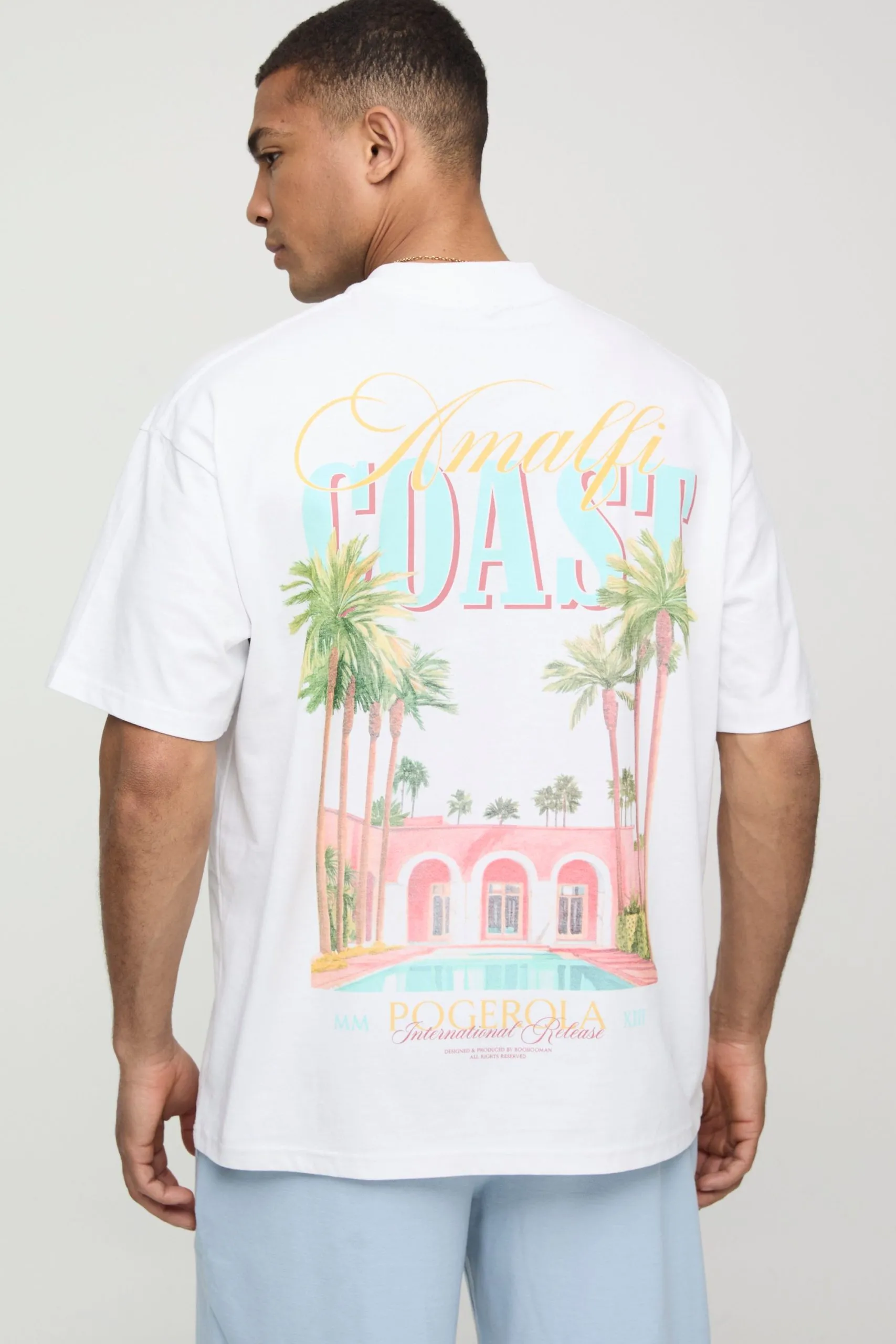 White Oversized Extended Neck Man Amalfi Coast Palm Hotel T-Shirt