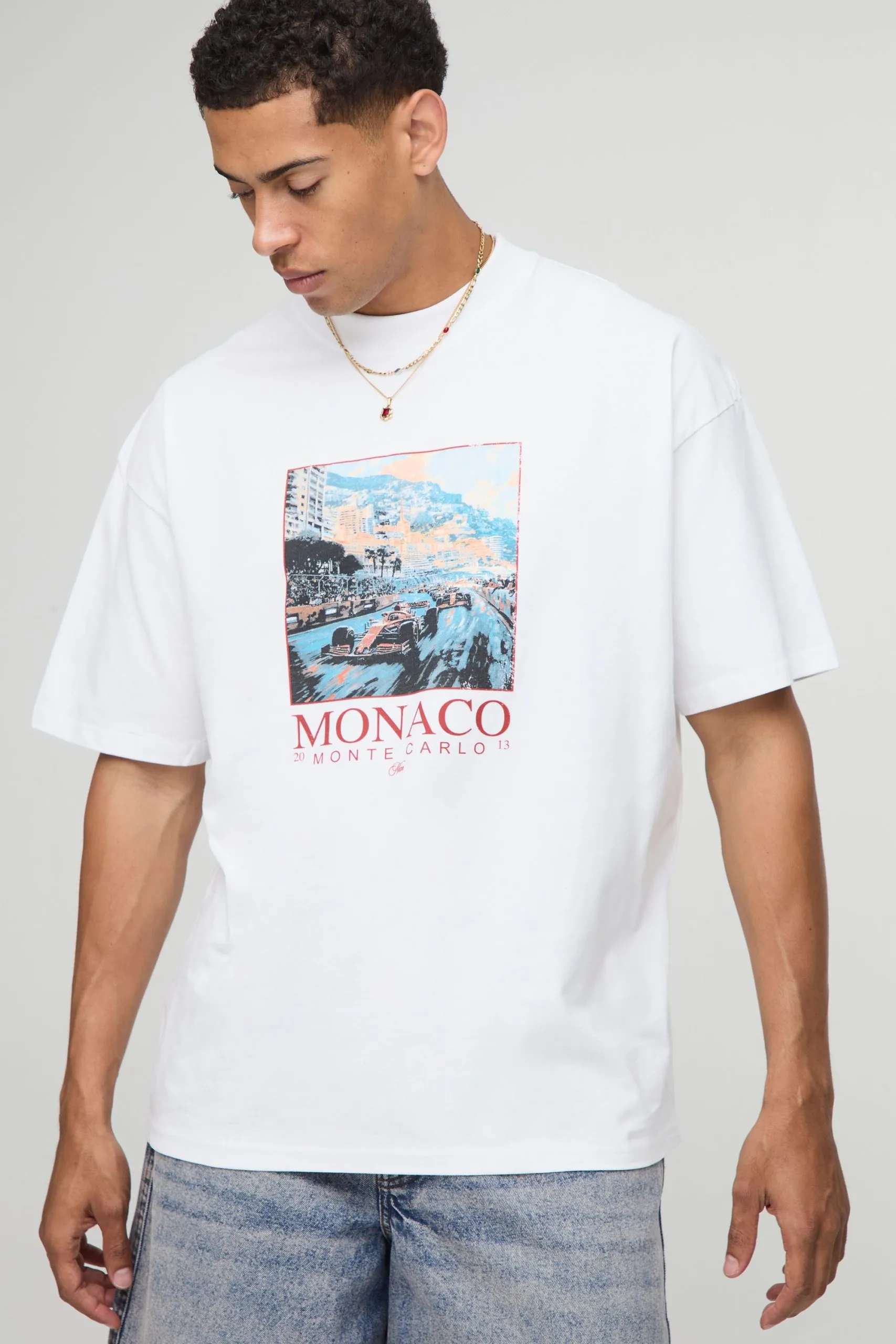 White Oversized Extended Neck Monaco Monte Carlo Printed T-Shirt