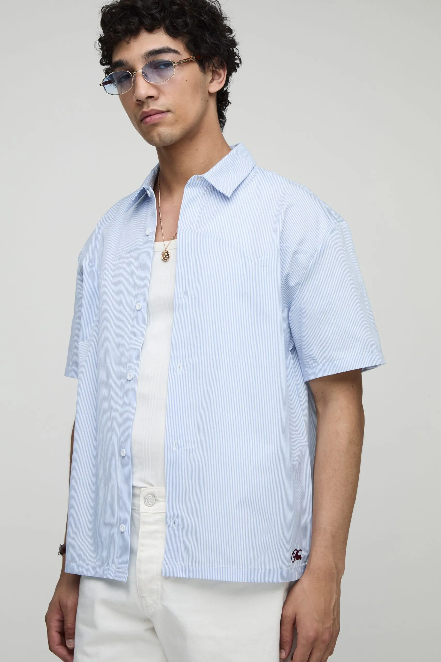 Oversized Man Embroidered Stripe Western Shirt