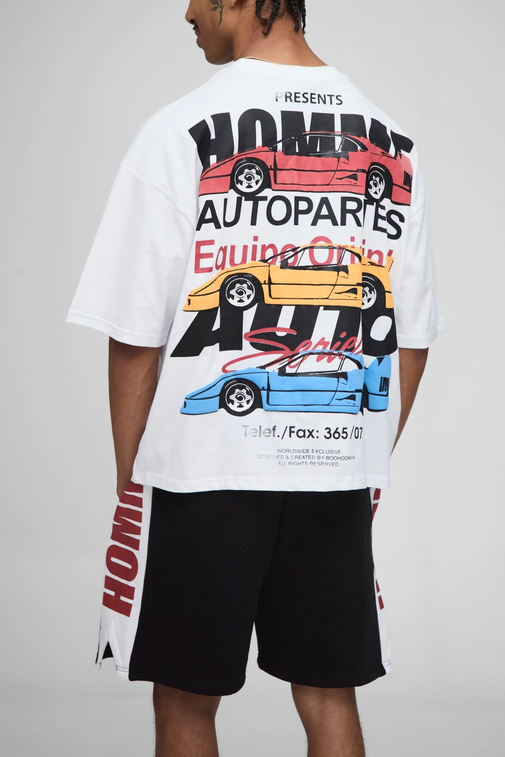 White Oversized Boxy Car Graphic T-Shirt And Volley Short Set