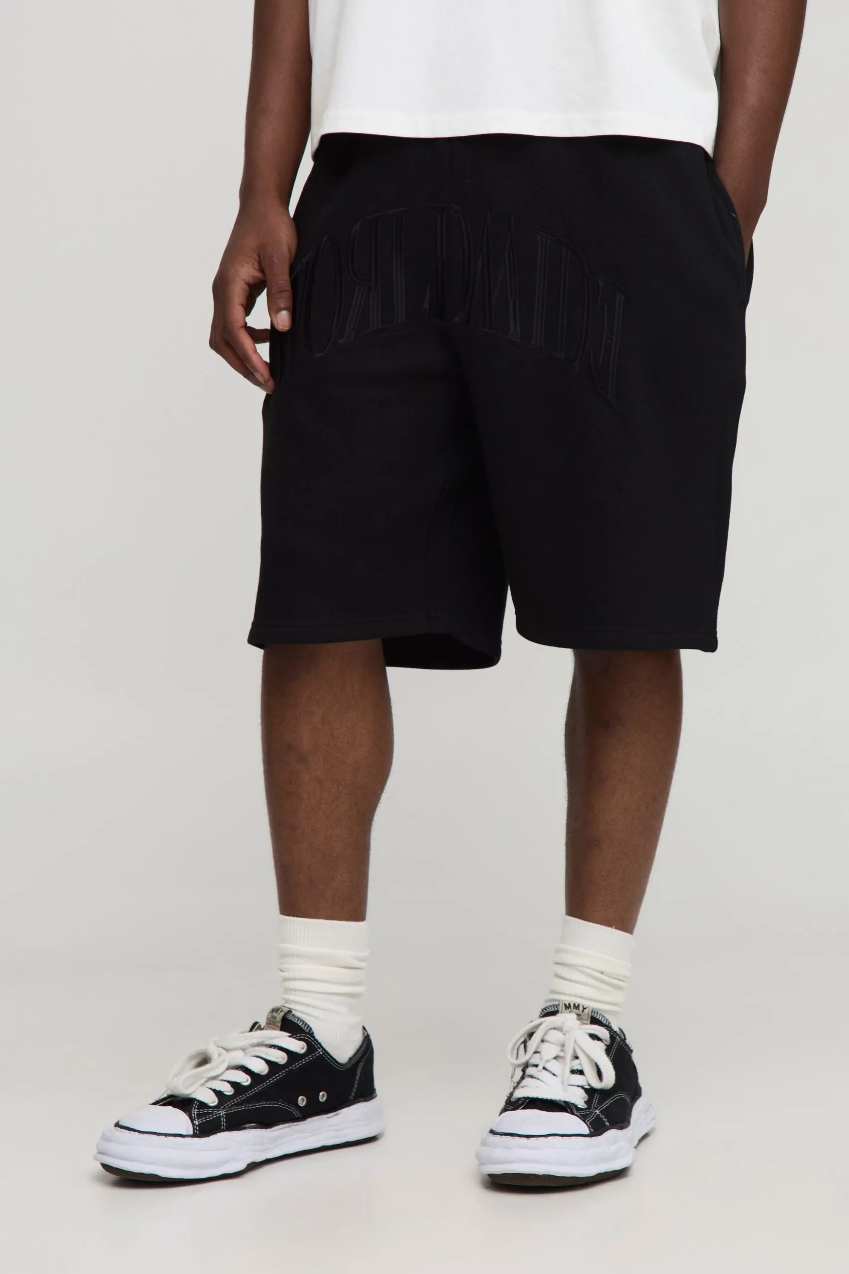 Black Oversized Tonal Worldwide Embroidered Mid Length Shorts
