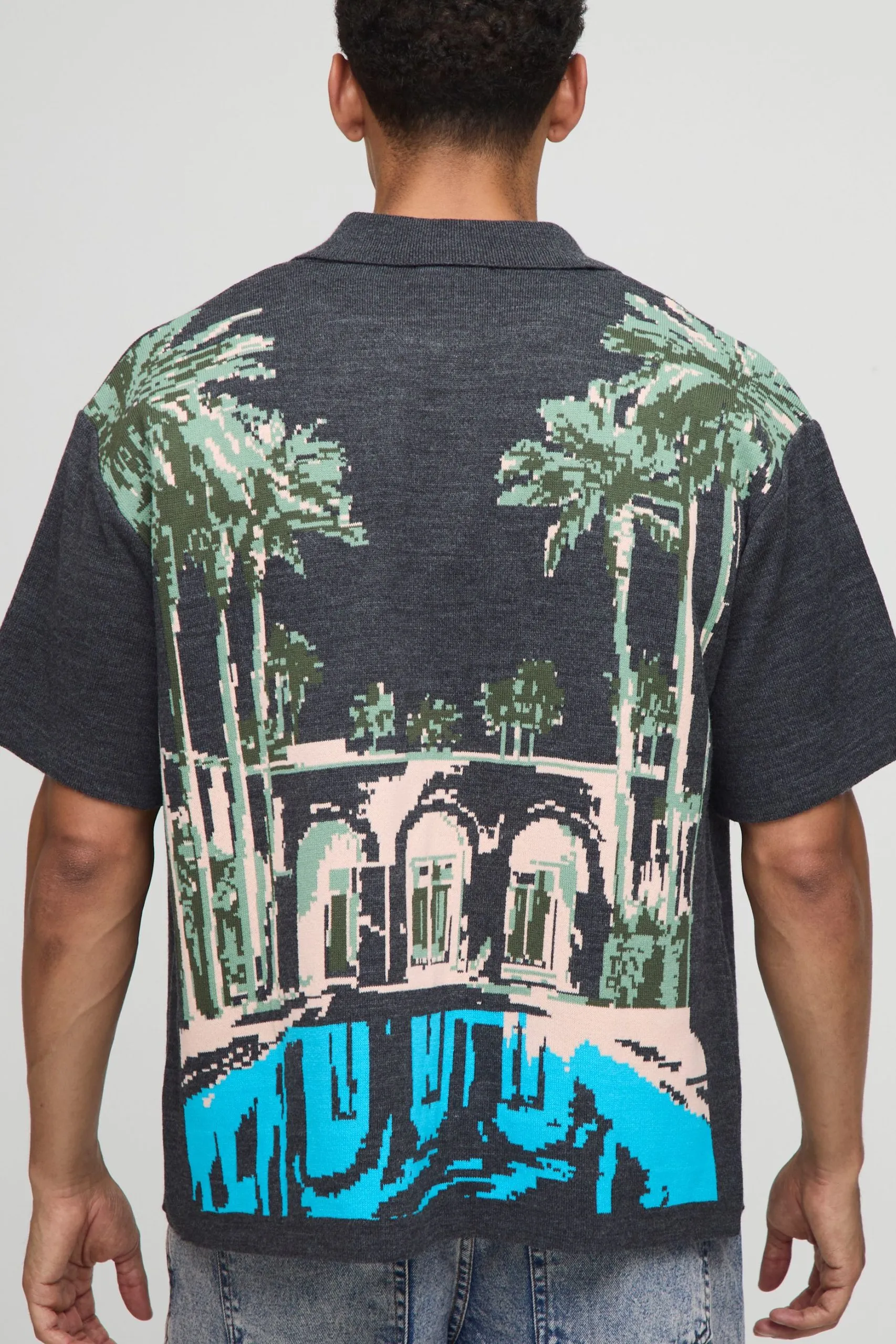 Boxy Fit Resort Scenic Jacquard Knitted Shirt