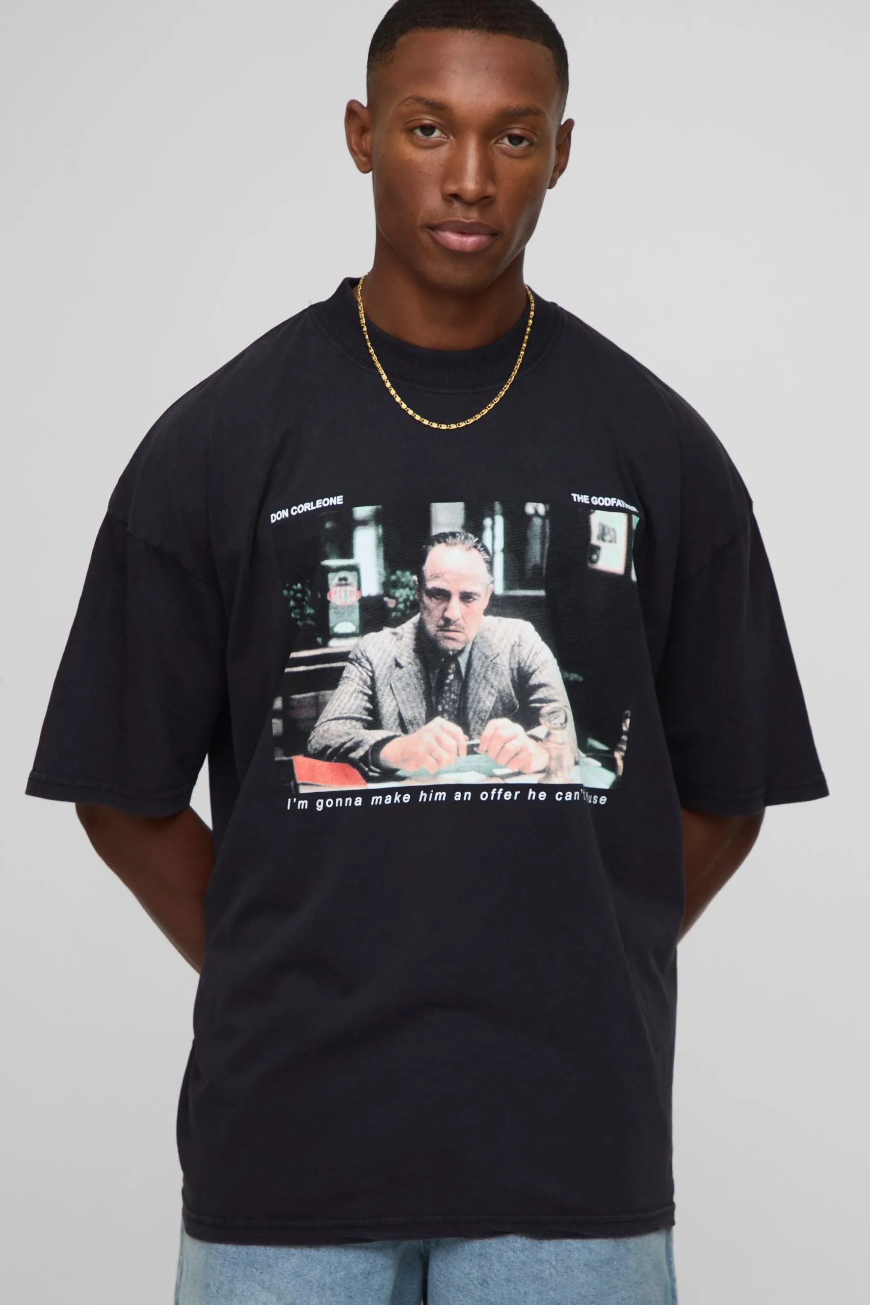Black Oversized Extended Neck Acid Wash The Godfather License Printed T-Shirt