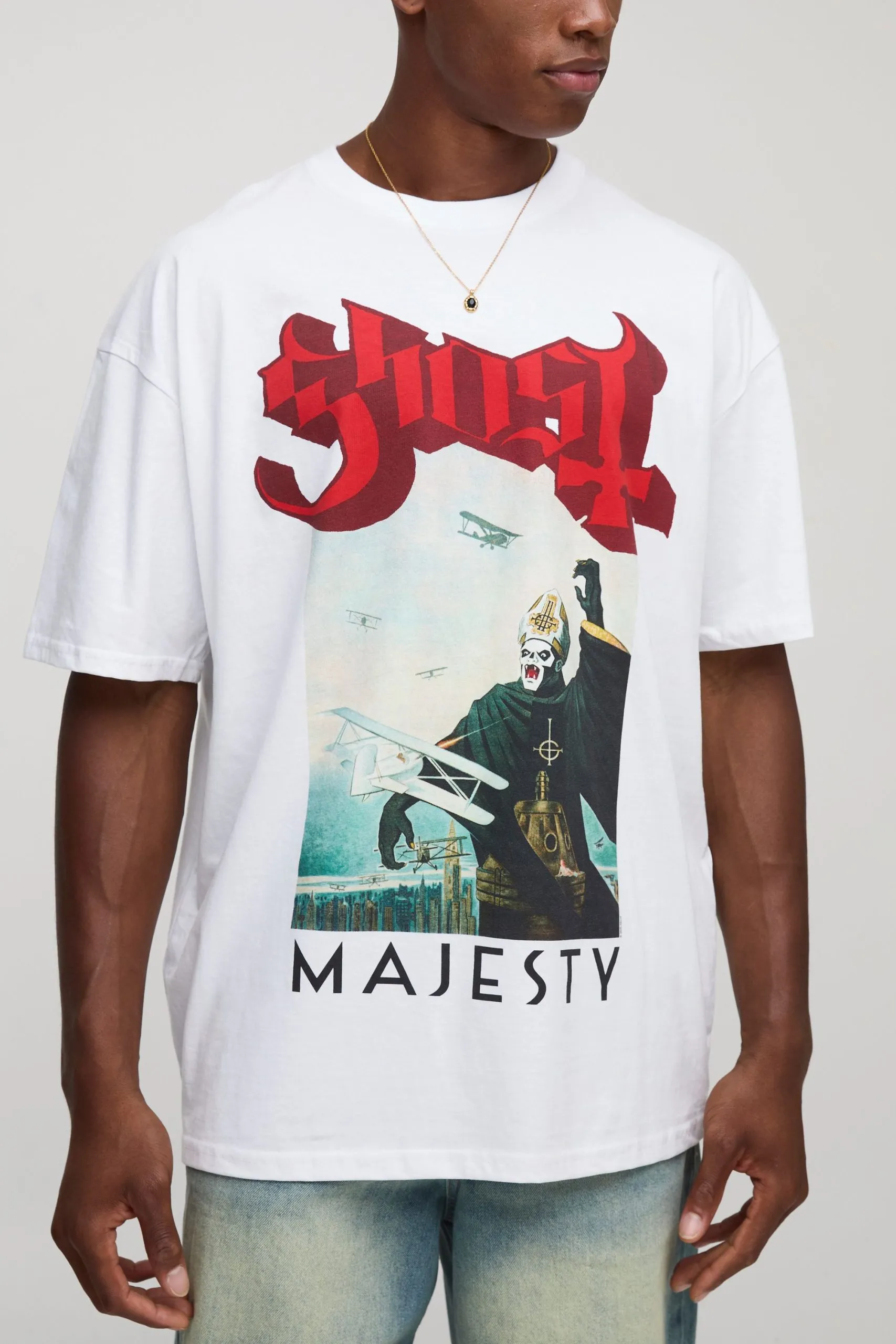 White Oversized Ghost License Printed T-Shirt