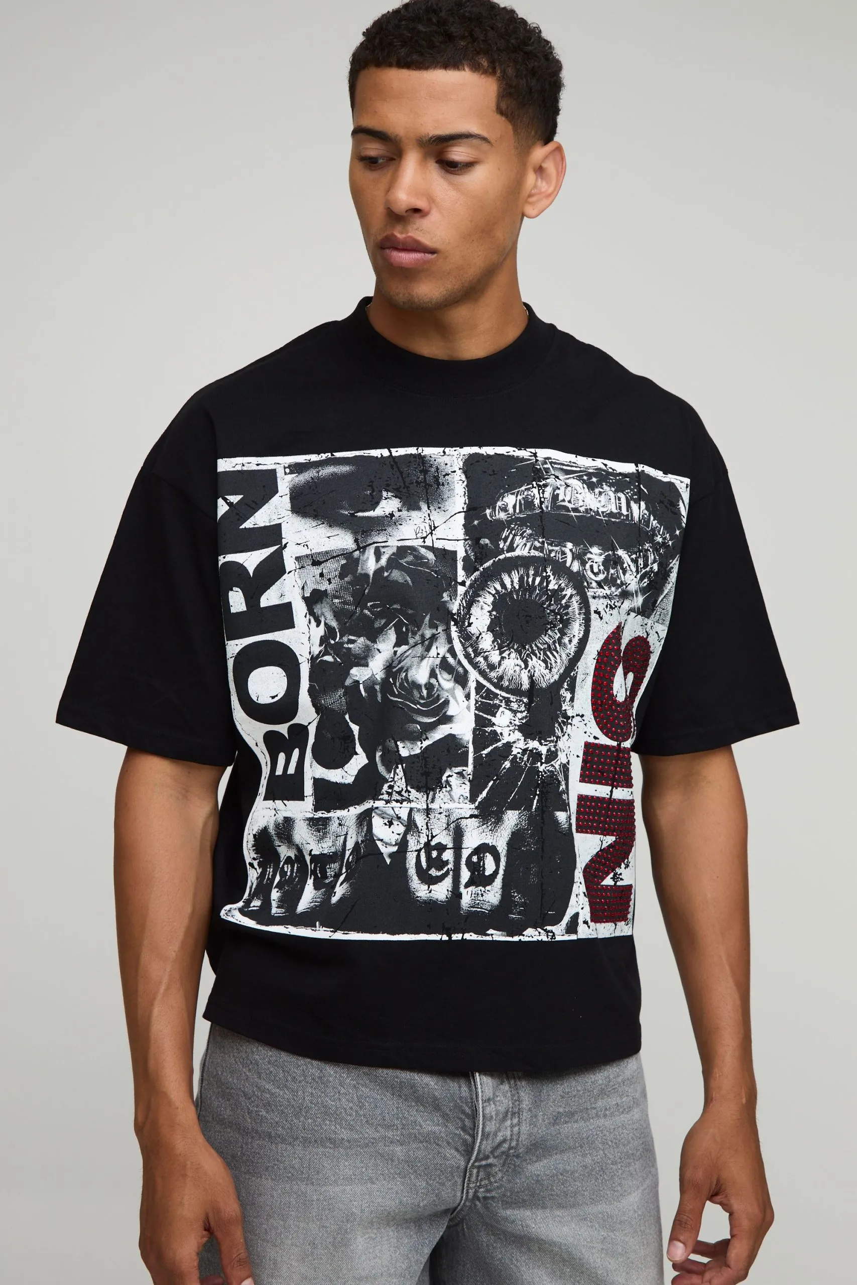 Black Oversized Boxy Rhinestone Grunge T-Shirt