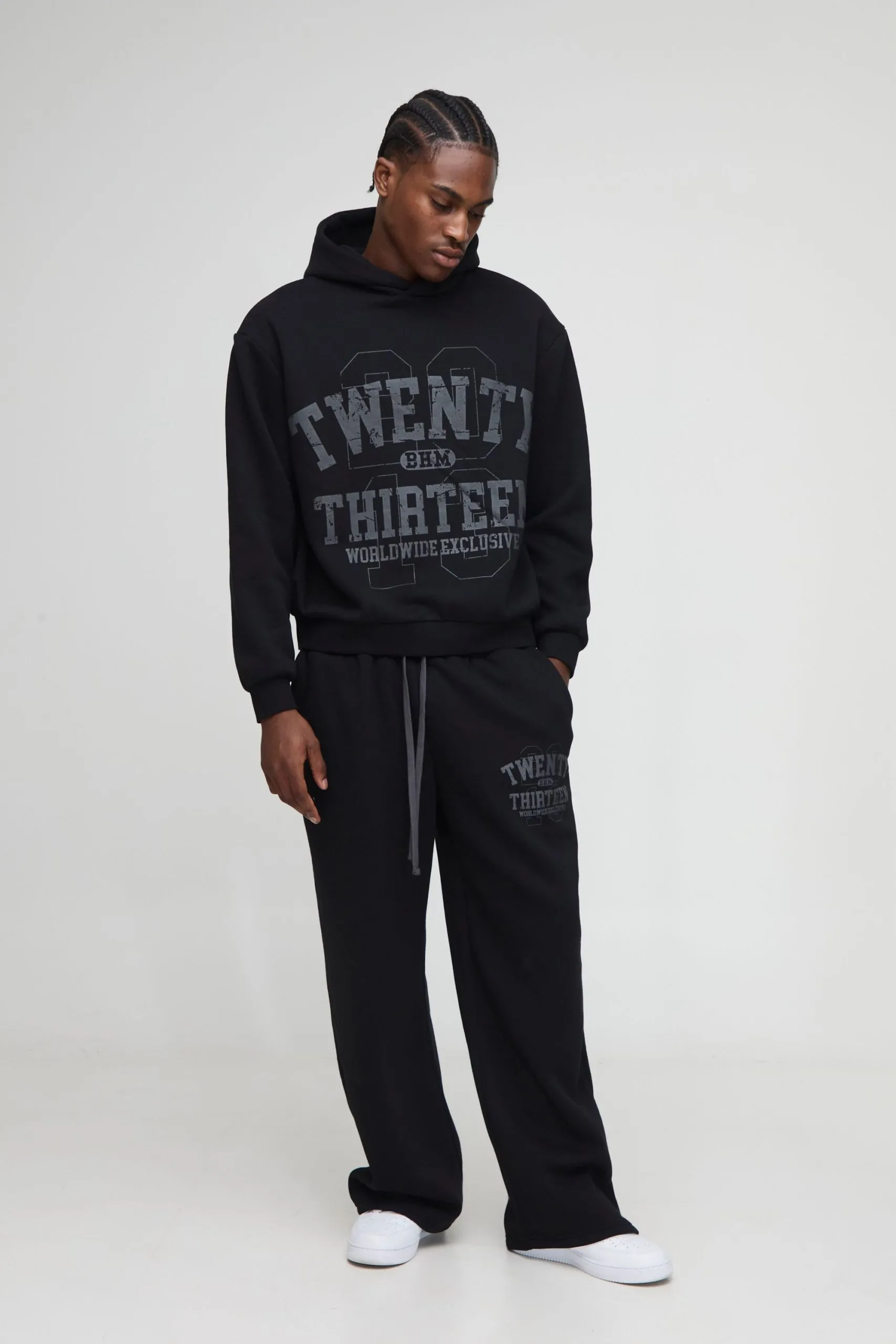 Oversized Boxy Varsity Zip Through Hooded Wide Leg Tracksuit