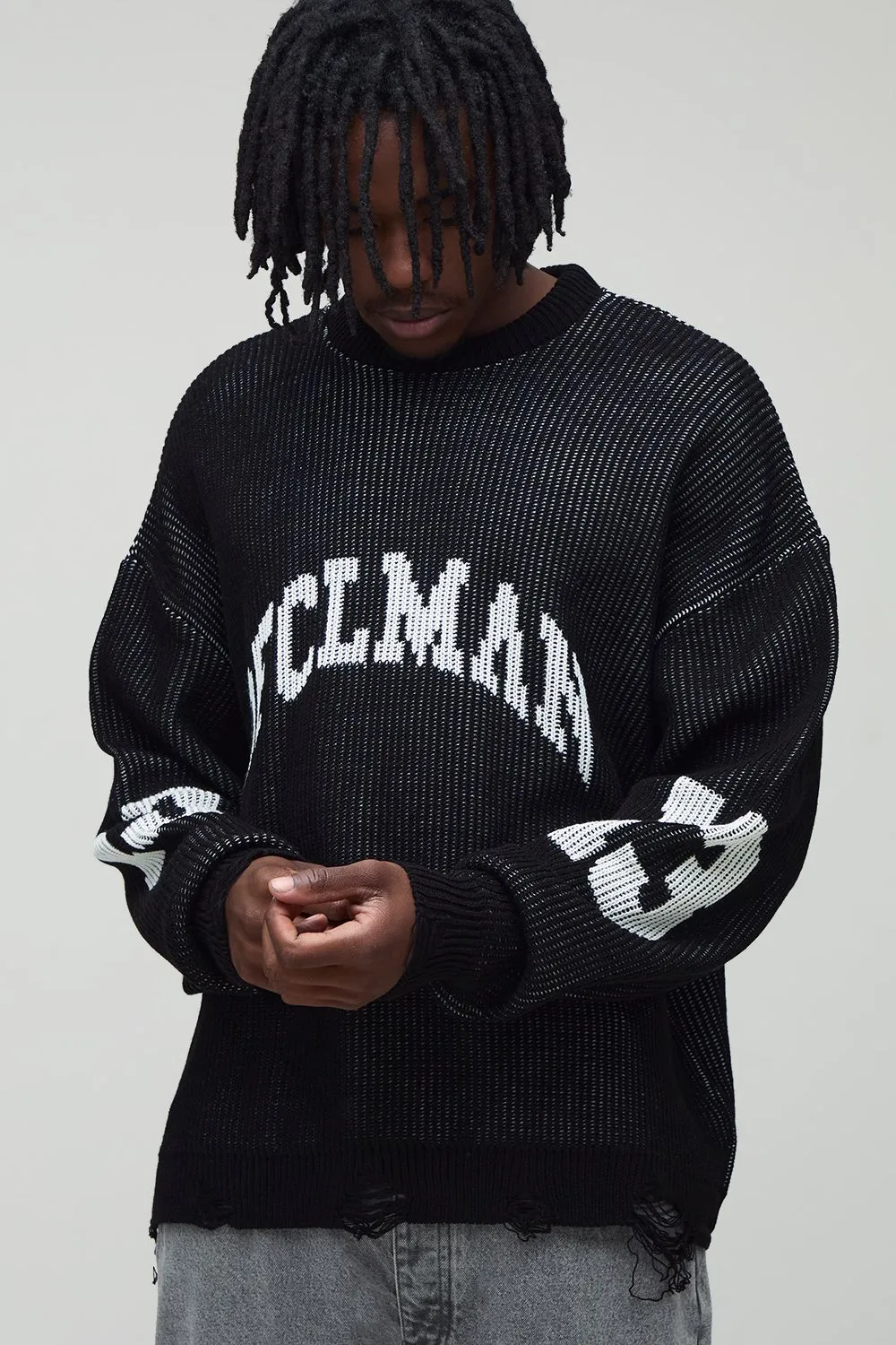 Tall Ribbed Knit Oversized Distressed Varsity Jumper