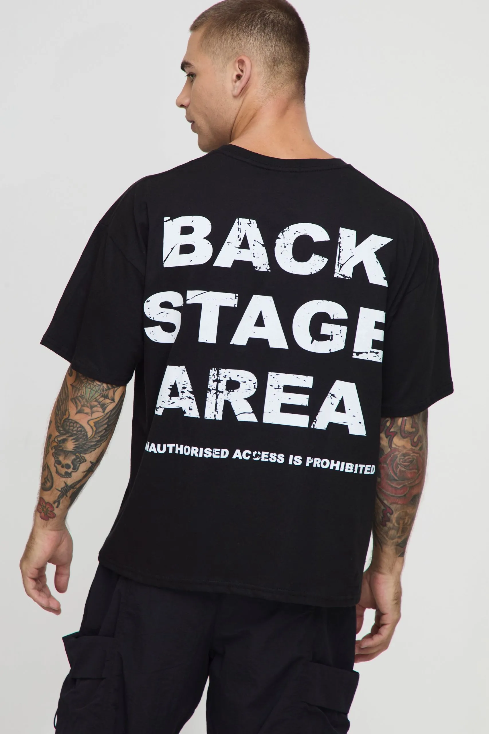 Black Oversized Boxy Backstage Slogan T-Shirt