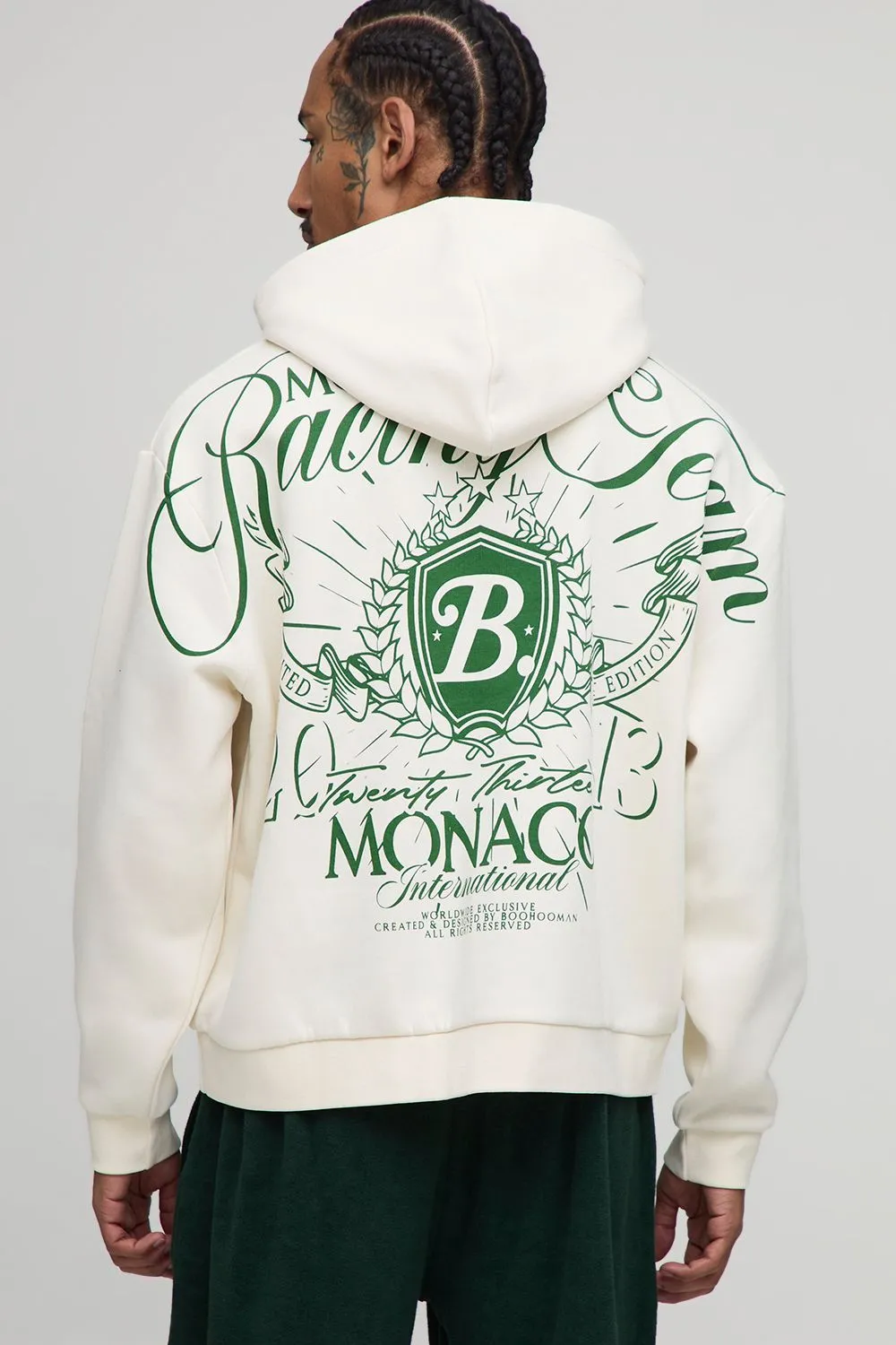 Ecru Oversized Boxy Over Seam Racing Team Printed Hoodie