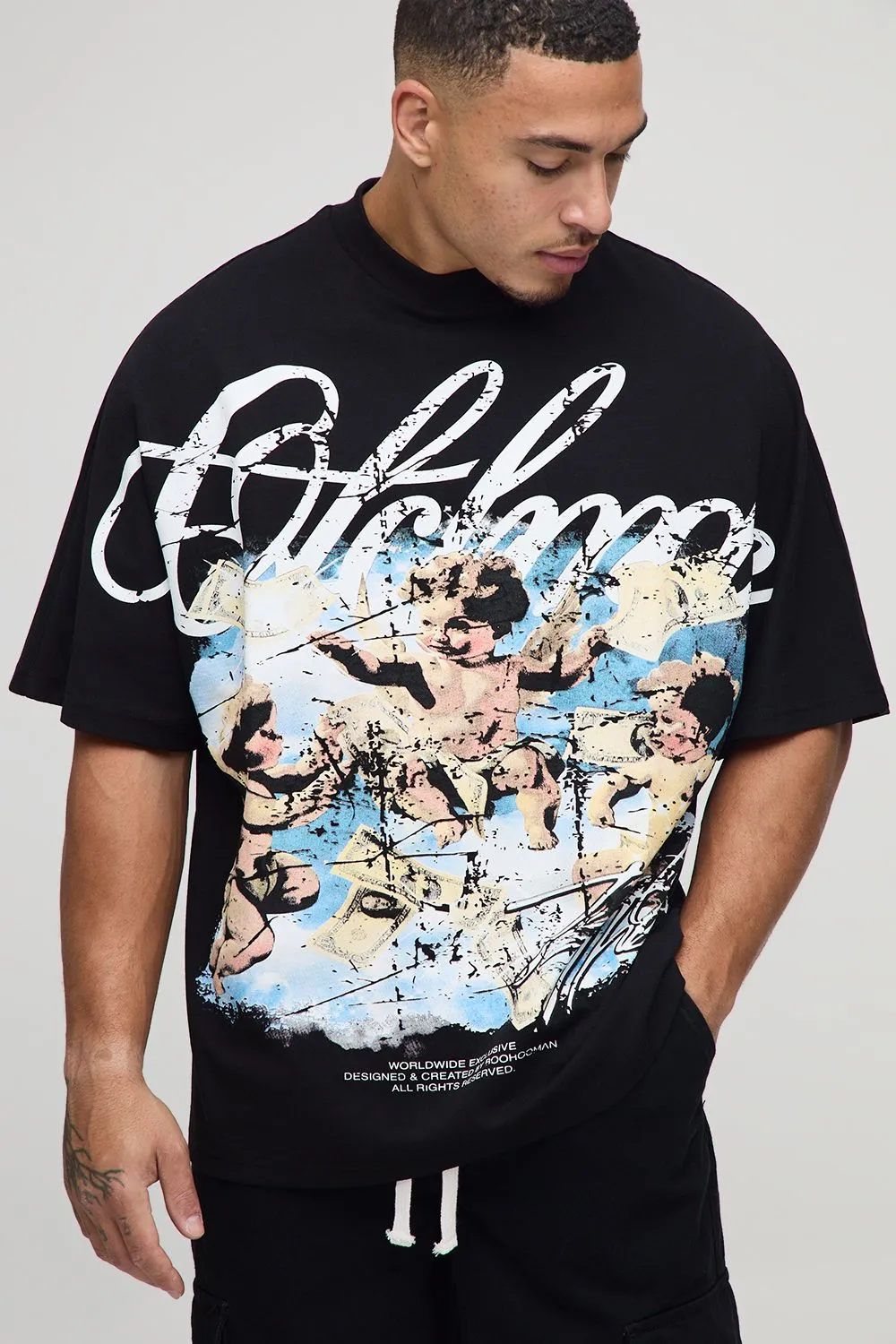 Black Oversized Heavyweight Large Scale Print Cupid T-Shirt