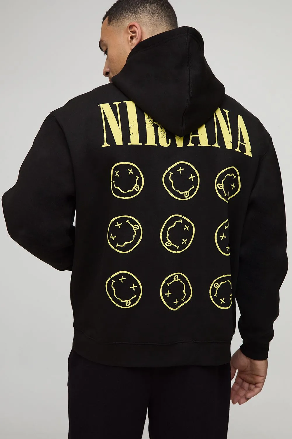 Black Oversized Boxy Nirvana Puff Print License Printed Hoodie