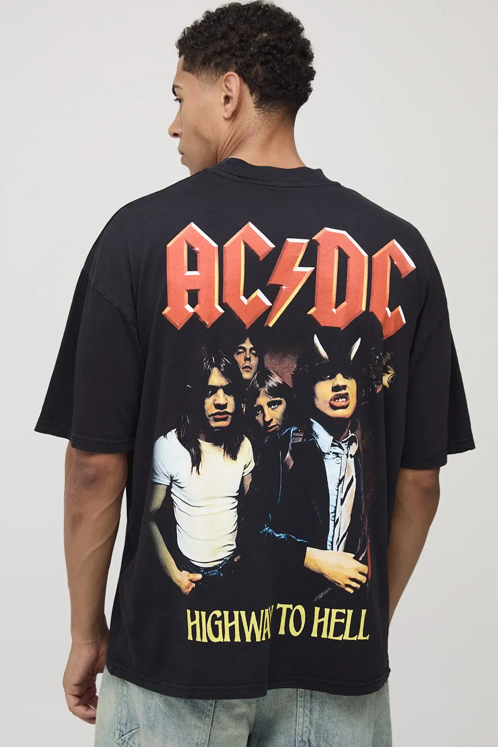 Black Oversized AC/DC Acid Wash License Printed T-Shirt