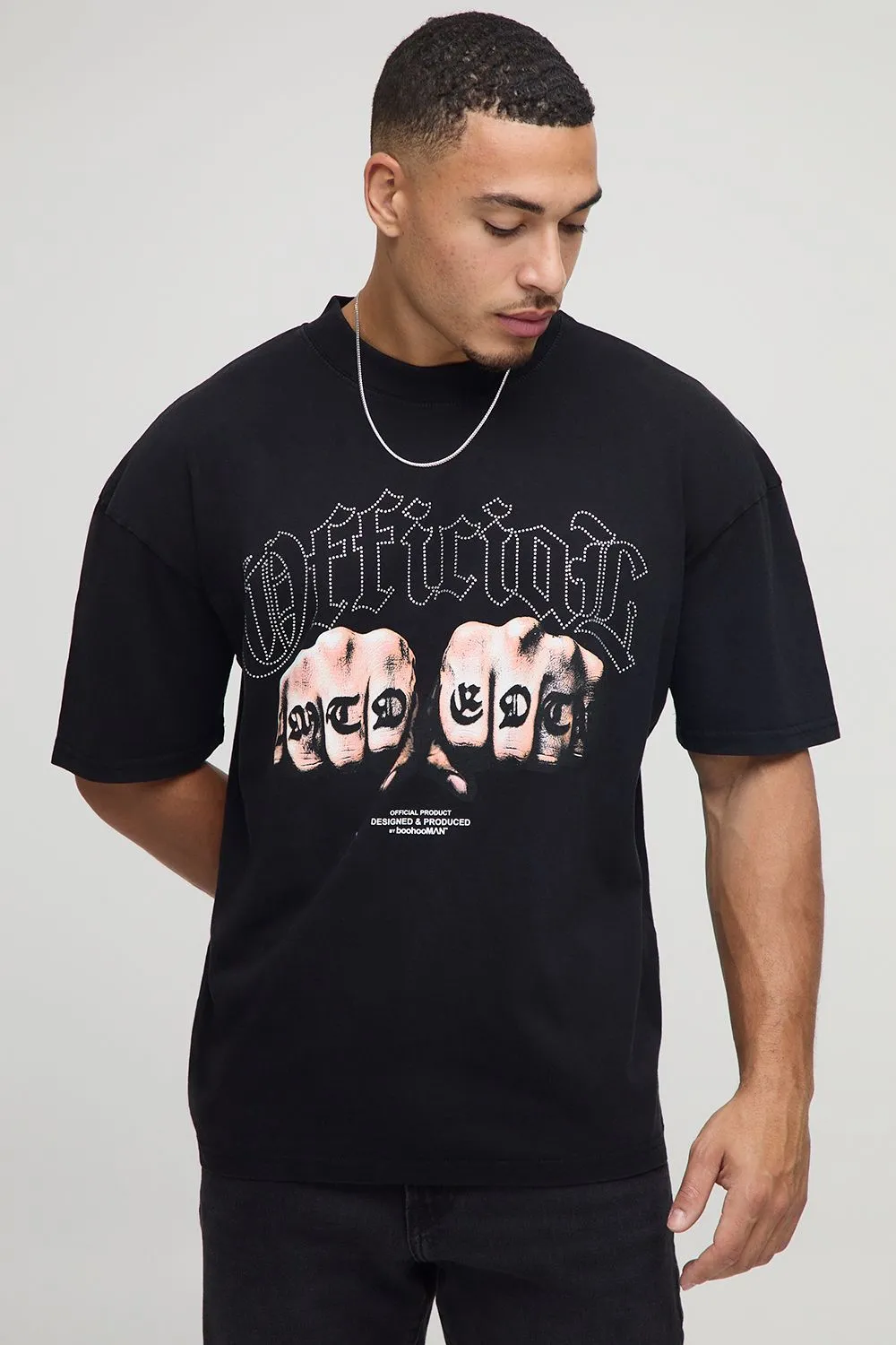 Black Oversized Extended Neck Washed Official Rhinestone T-Shirt