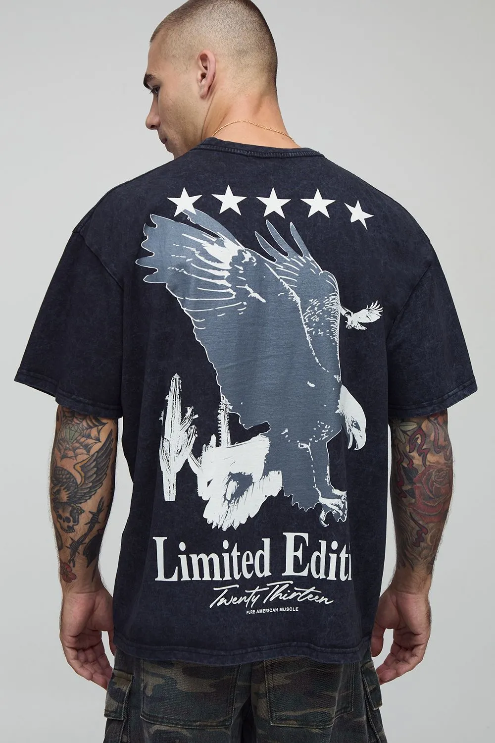 Black Oversized Washed Limited Edition Eagle Printed T-Shirt