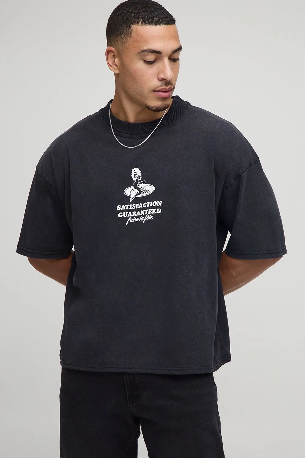 Black Oversized Boxy Extended Neck Washed Raw XXX T-Shirt