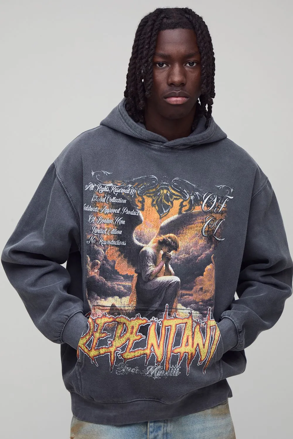 Charcoal Oversized Graphic Washed Hoodie