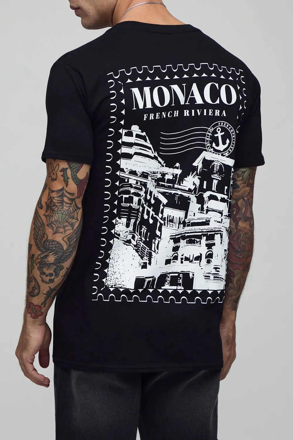 Black Regular Fit Monaco Stencil Printed T-Shirt
