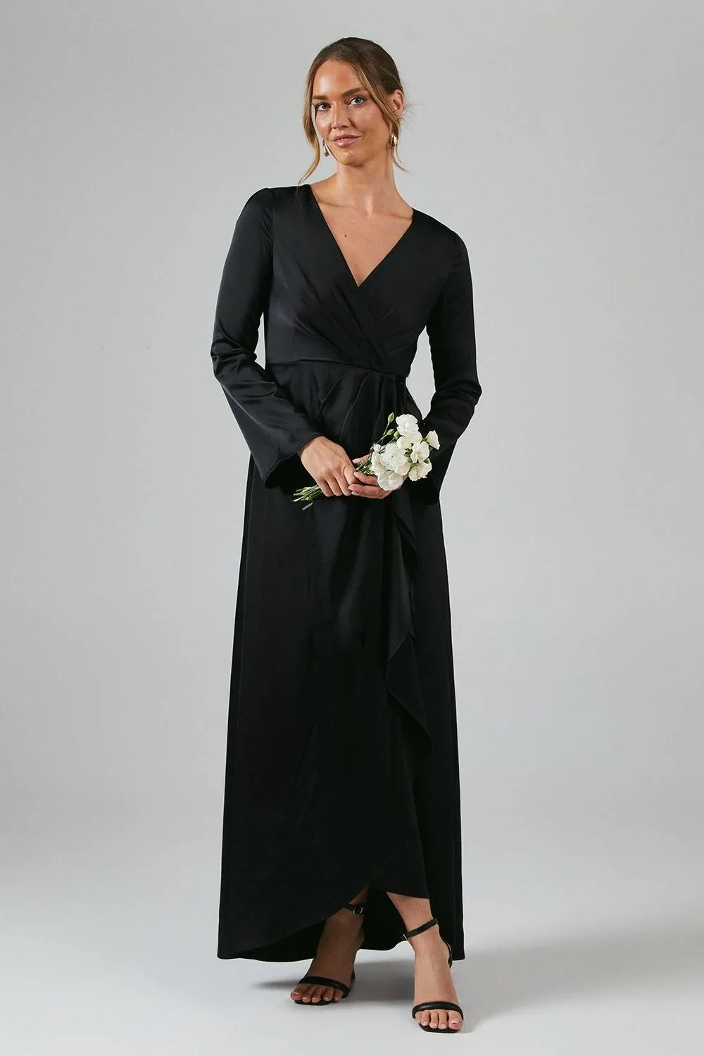 Debut London by Coast Long Sleeve Waterfall Detail Satin Bridesmaid Dress