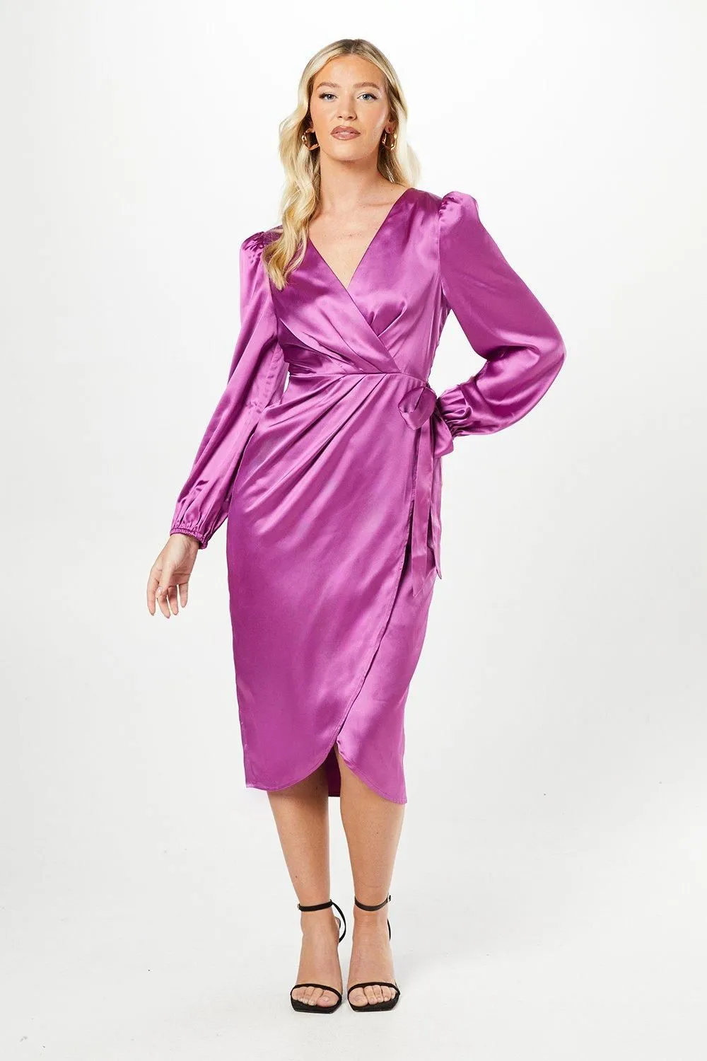 Debut London By Coast Satin Long Sleeve Wrap Midi Dress