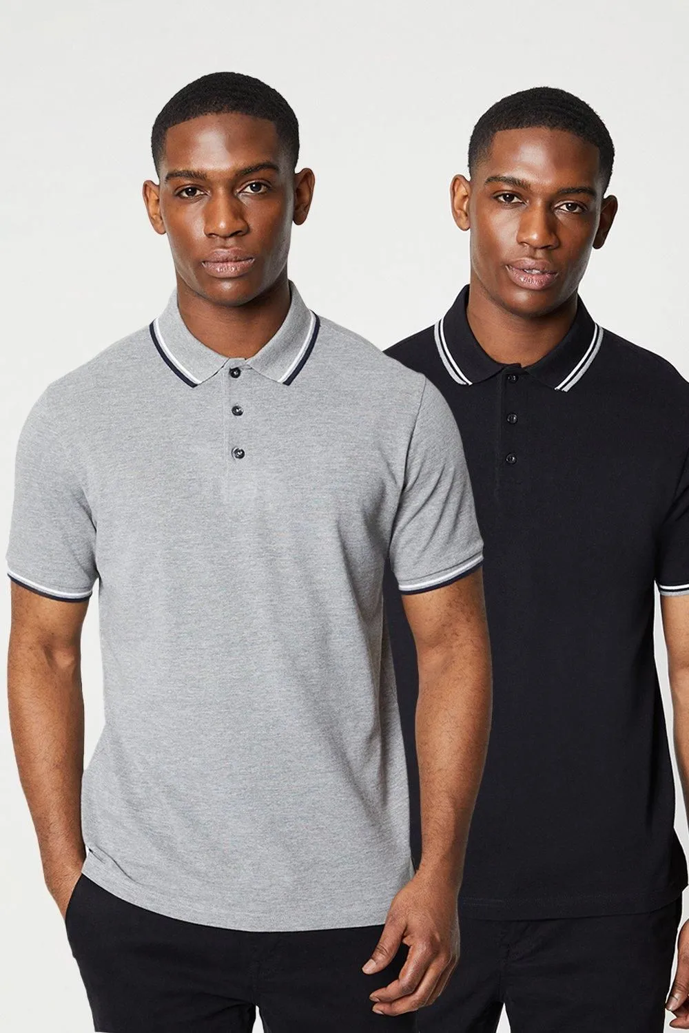 2 Pk Pure Cotton Tipped Polo Shirts Black/Grey
