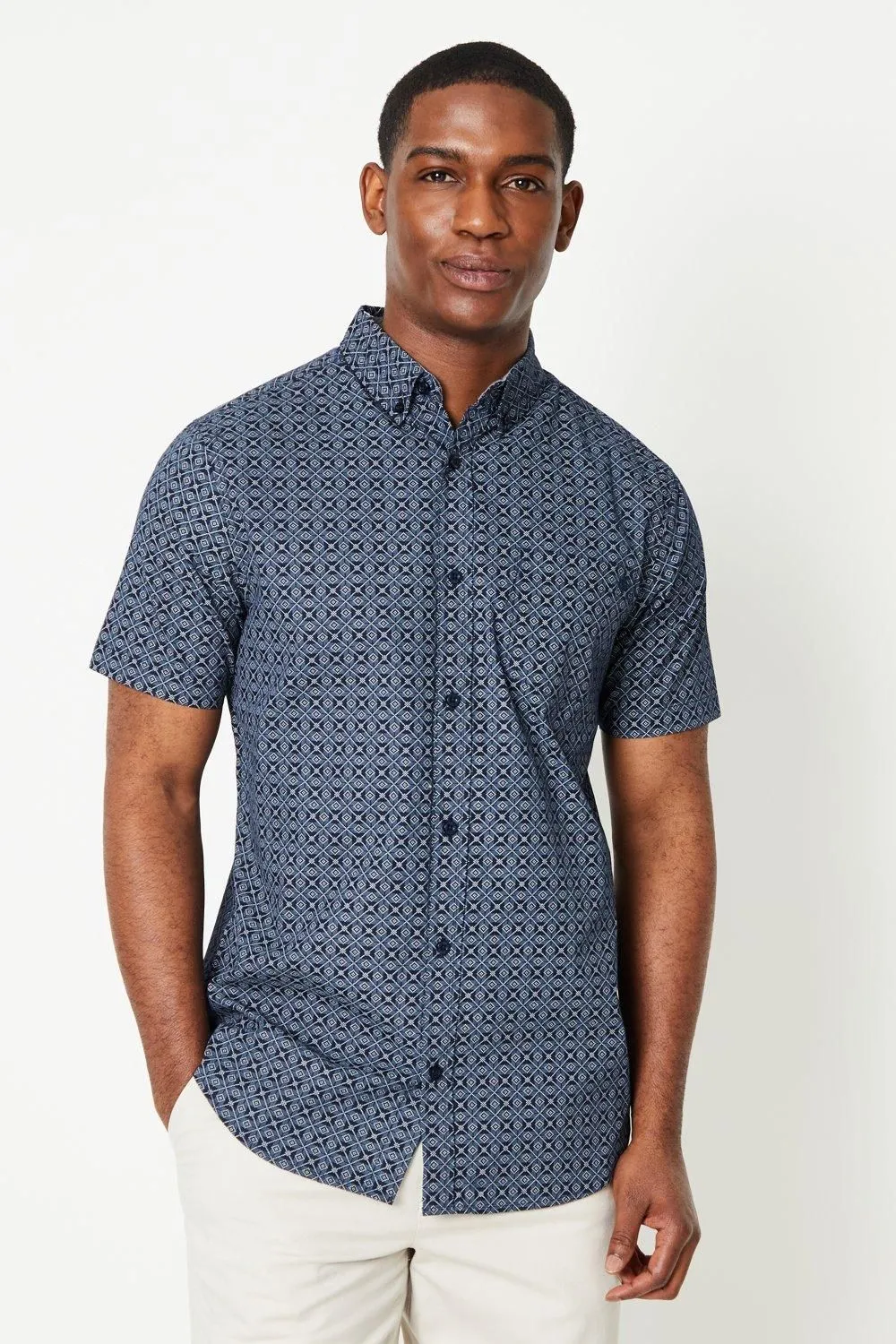 Dark Blue Pindot Tile Print Short Sleeve Shirt