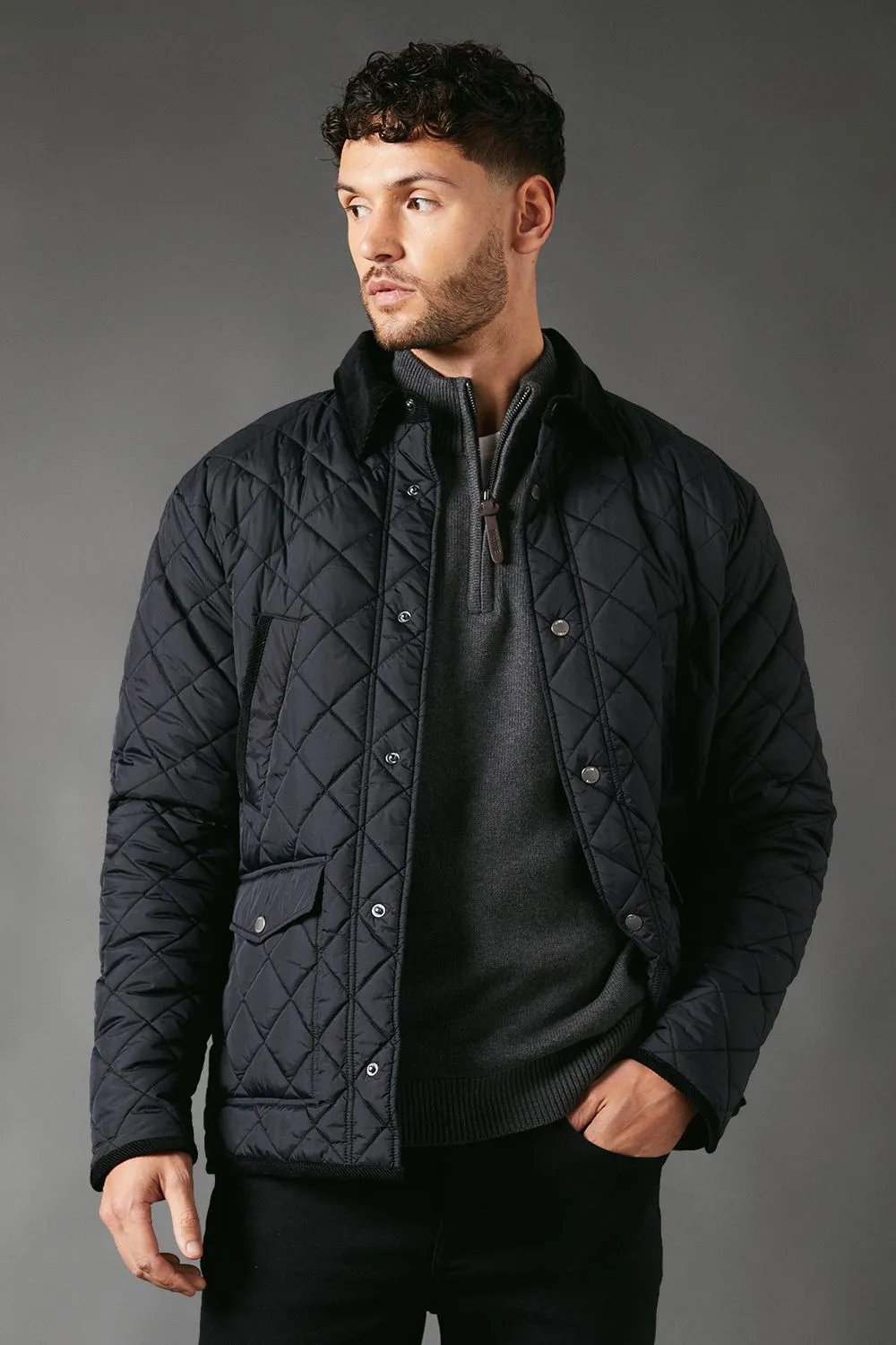 Black Cord Collar Diamond Quilted Jacket