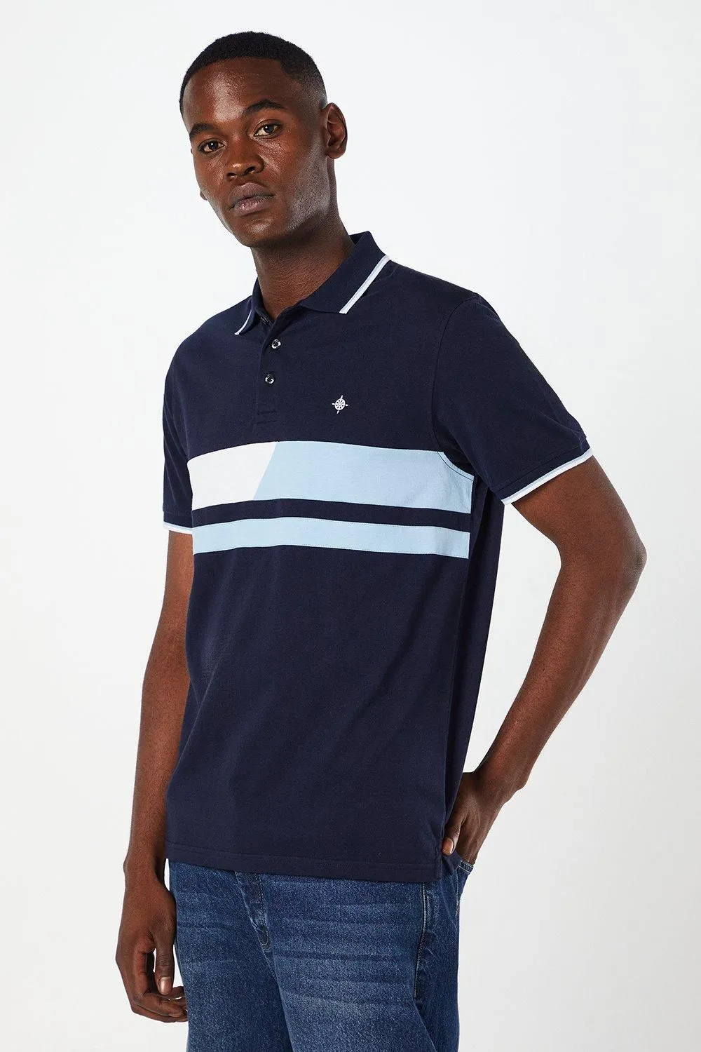 Navy Split Chest Stripe Polo Shirt